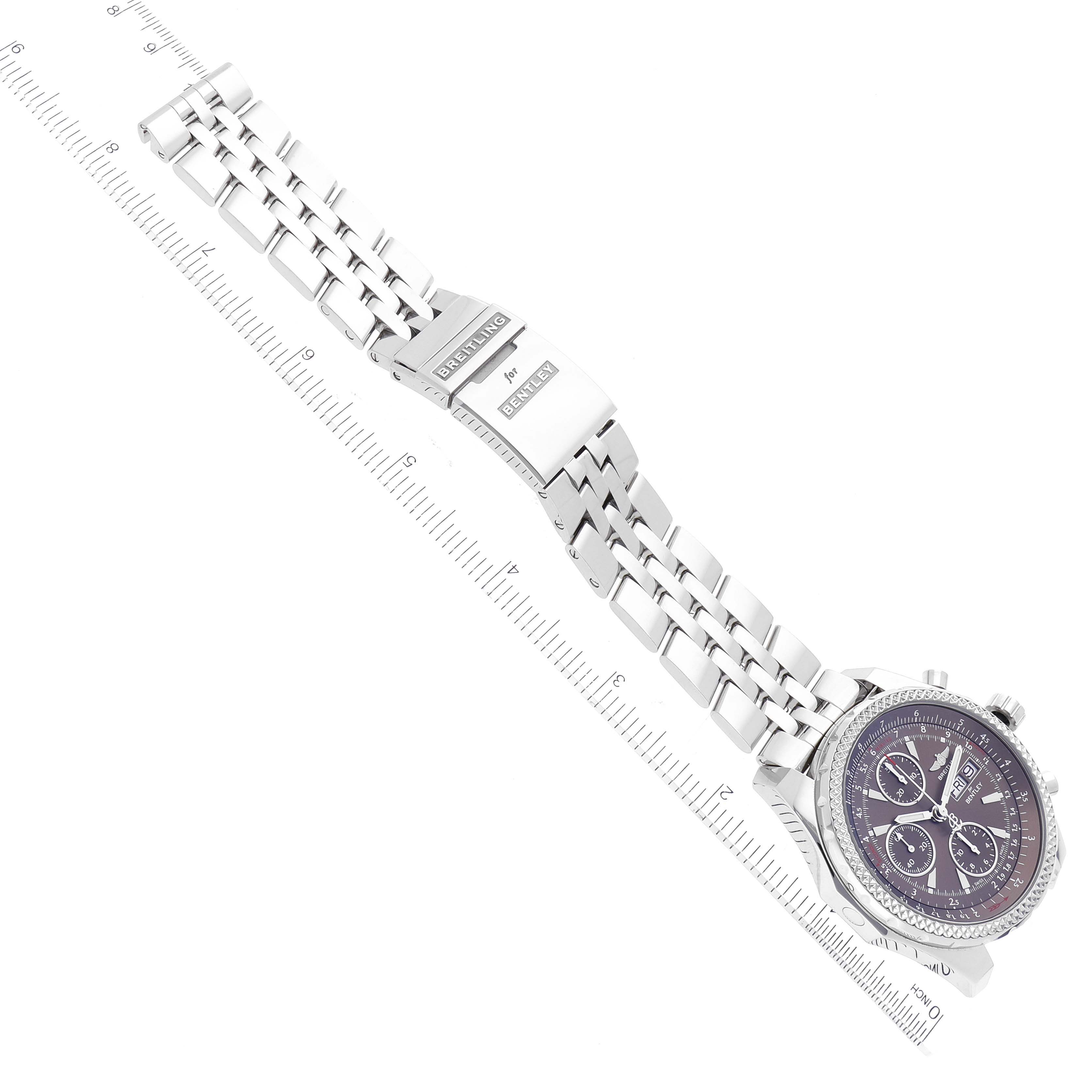 The image shows the Bentley model by Breitling, displaying its face, metal bracelet, and clasp at a diagonal angle.