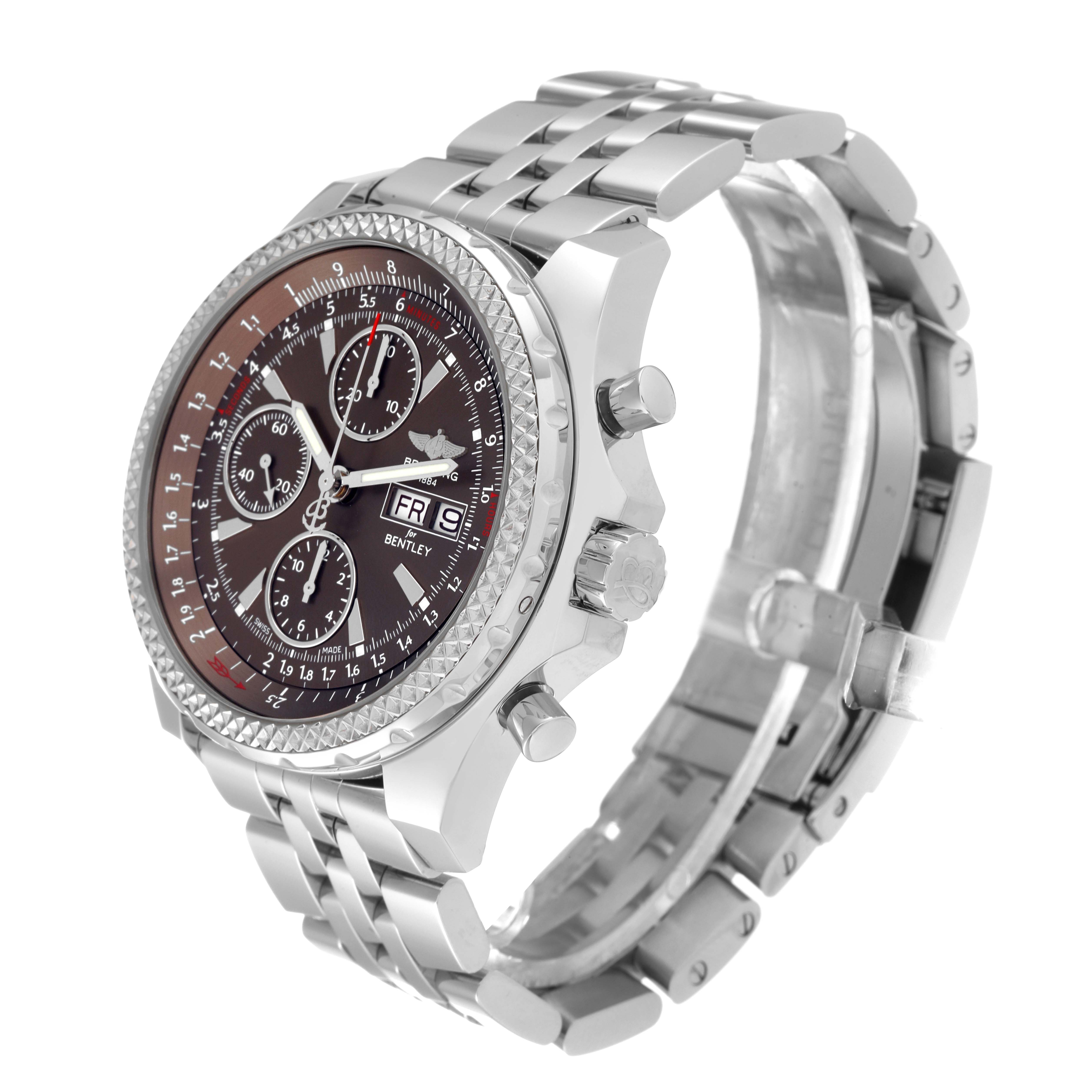 The Breitling Bentley A13362 Men's Stainless Steel Brown Dial A13362 Men's Stainless Steel Brown Dial watch is shown at a slight side angle, highlighting its face, bezel, crown, and metal bracelet.
