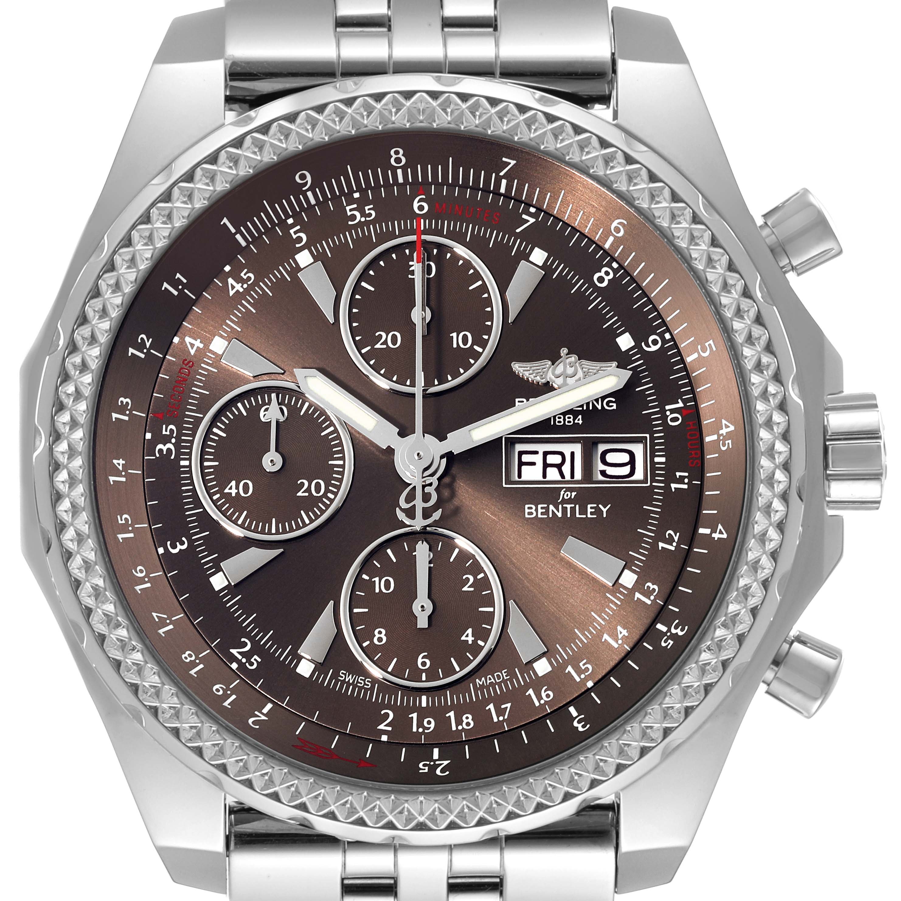 The image shows a front view of the Breitling Bentley A13362 Men's Stainless Steel Brown Dial A13362 Men's Stainless Steel Brown Dial watch, highlighting its face, bezel, and part of the bracelet.