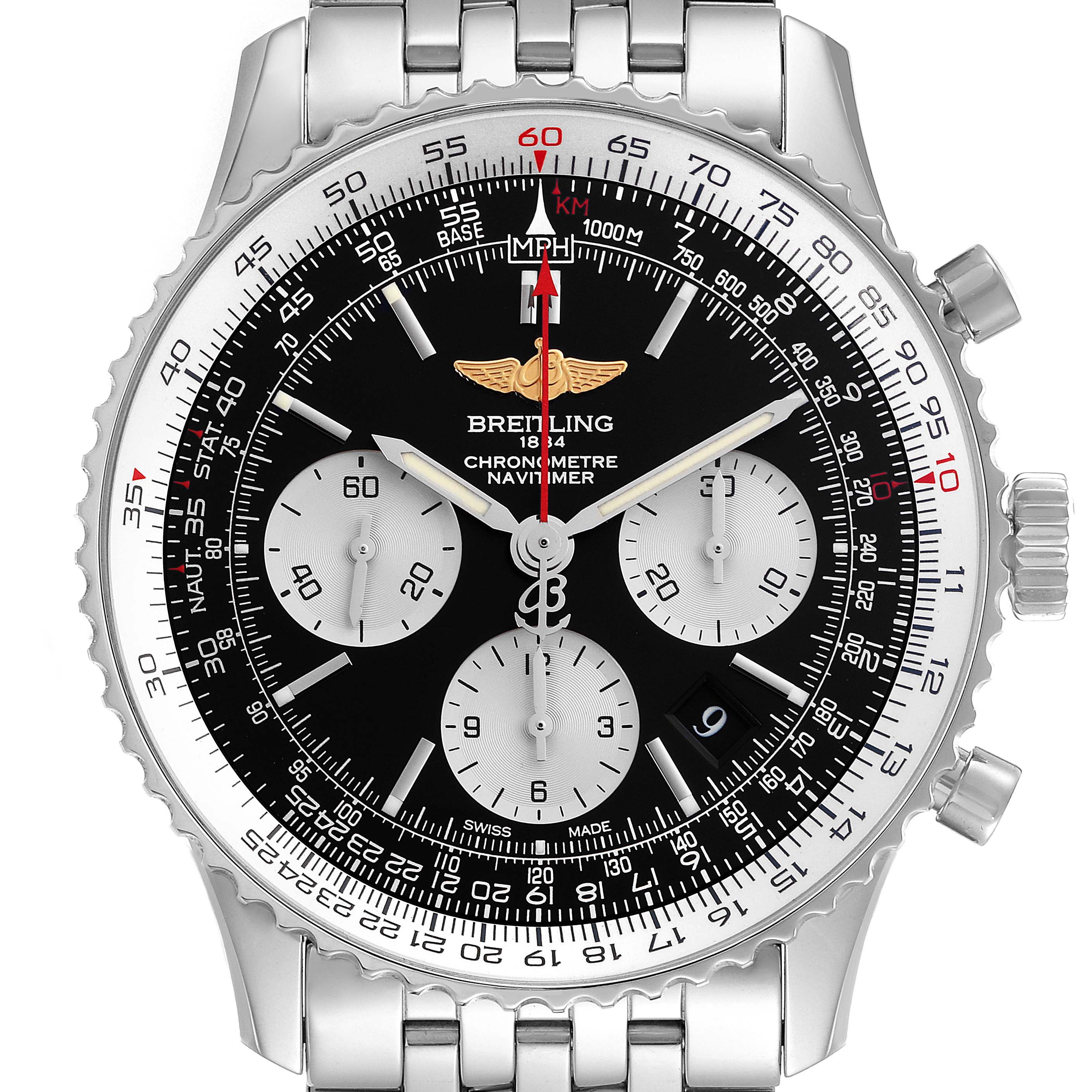 The Breitling Navitimer AB0120 Men
s Stainless Steel Black Dial AB0120 Men
s Stainless Steel Black Dial watch is shown from the front, highlighting the bezel, dial, subdials, and stainless steel bracelet.