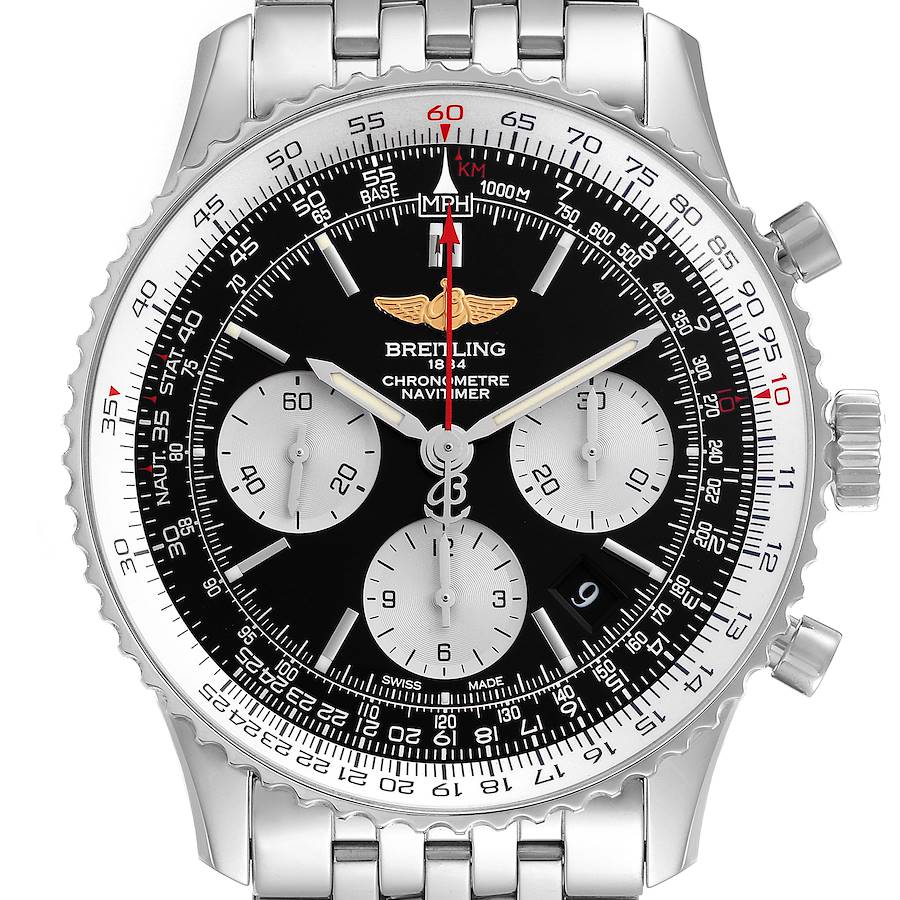 The Breitling Navitimer watch is shown from the front, highlighting the bezel, dial, subdials, and stainless steel bracelet.