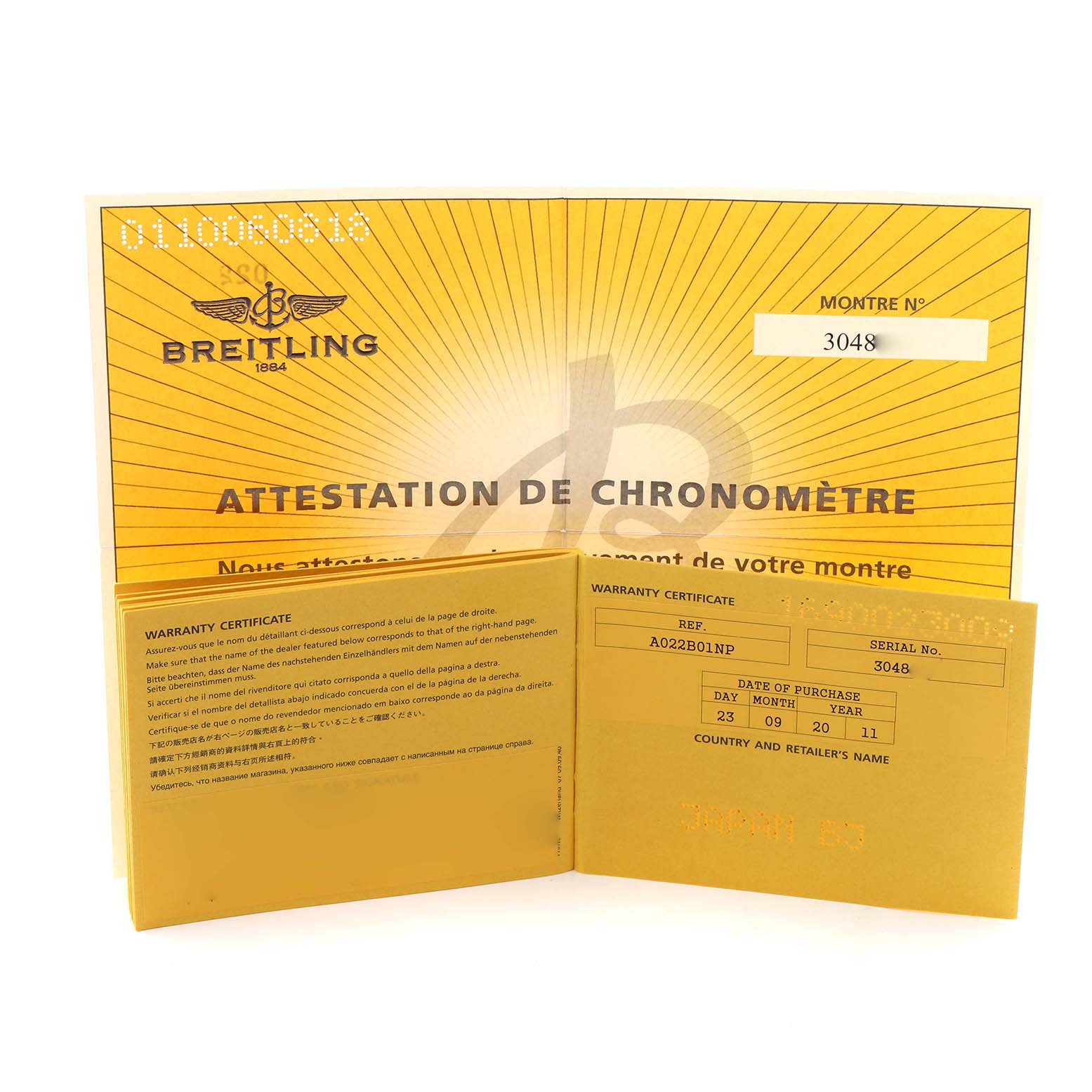 The image shows the warranty and chronometer certificate for the Breitling Navitimer AB0120 Men
s Stainless Steel Black Dial AB0120 Men
s Stainless Steel Black Dial watch.