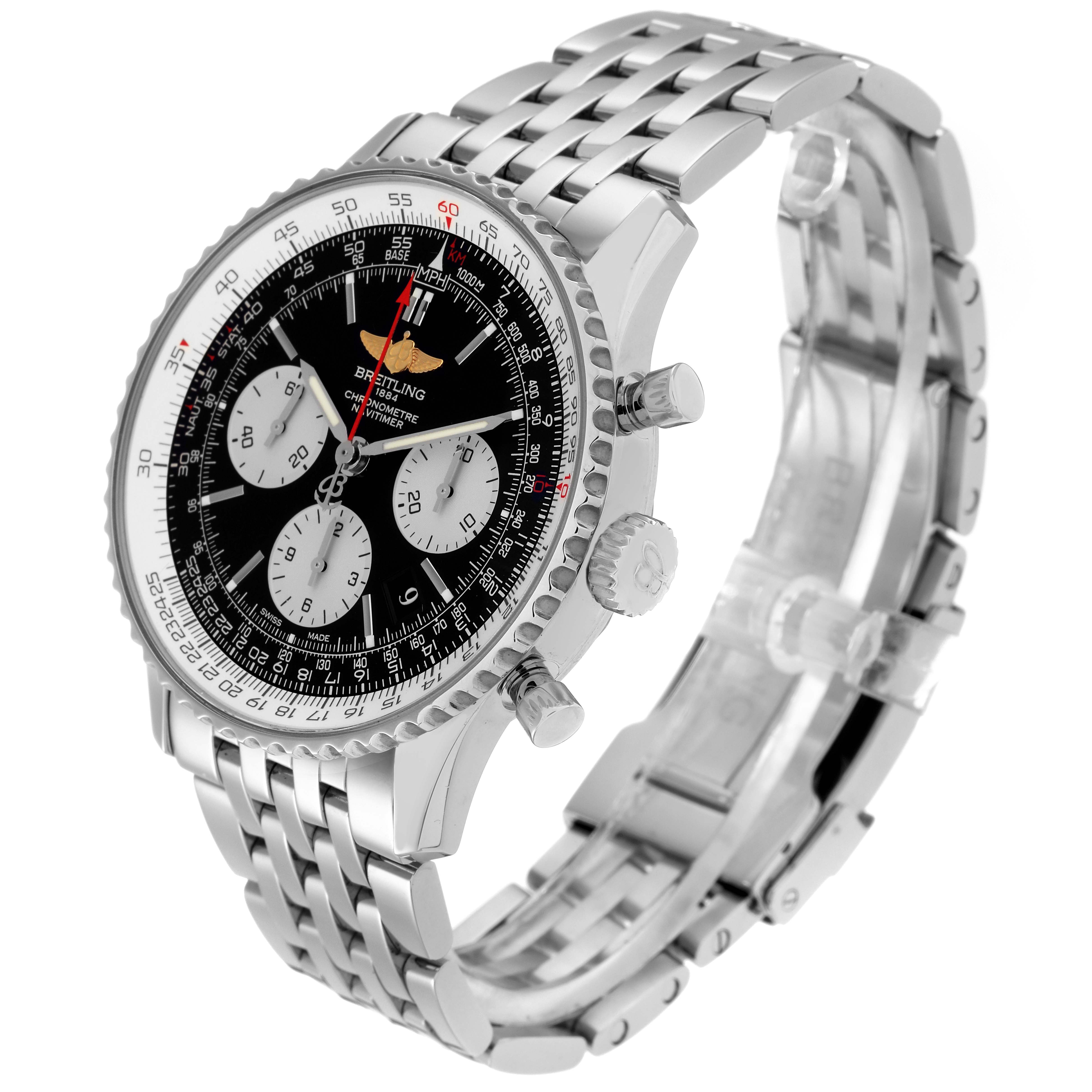 The Breitling Navitimer AB0120 Men
s Stainless Steel Black Dial AB0120 Men
s Stainless Steel Black Dial is shown at an angle highlighting its face, bezel, chronograph subdials, and metal bracelet.