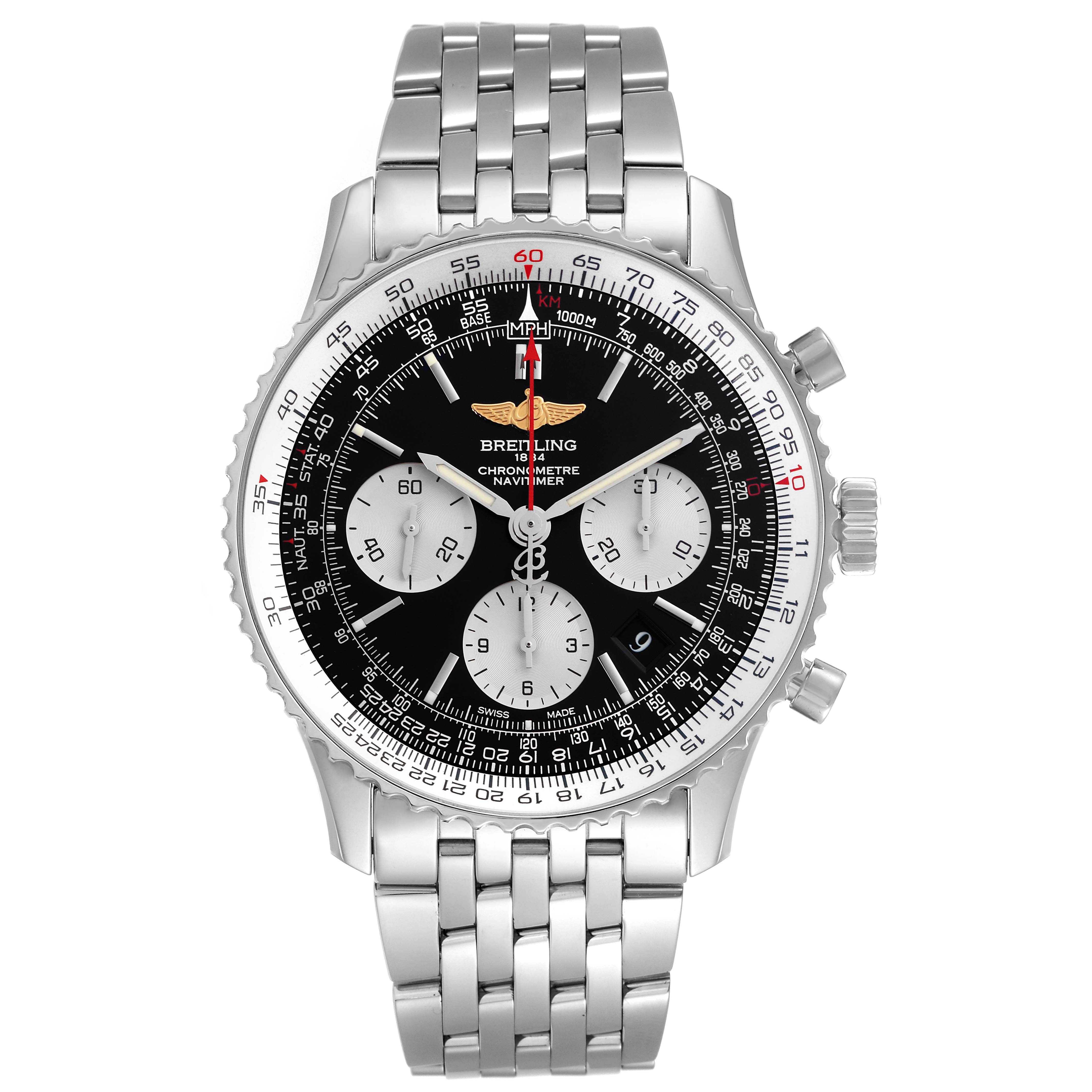 The Breitling Navitimer AB0120 Men
s Stainless Steel Black Dial AB0120 Men
s Stainless Steel Black Dial watch is shown from a front angle, displaying the face, bezel, and metal bracelet.