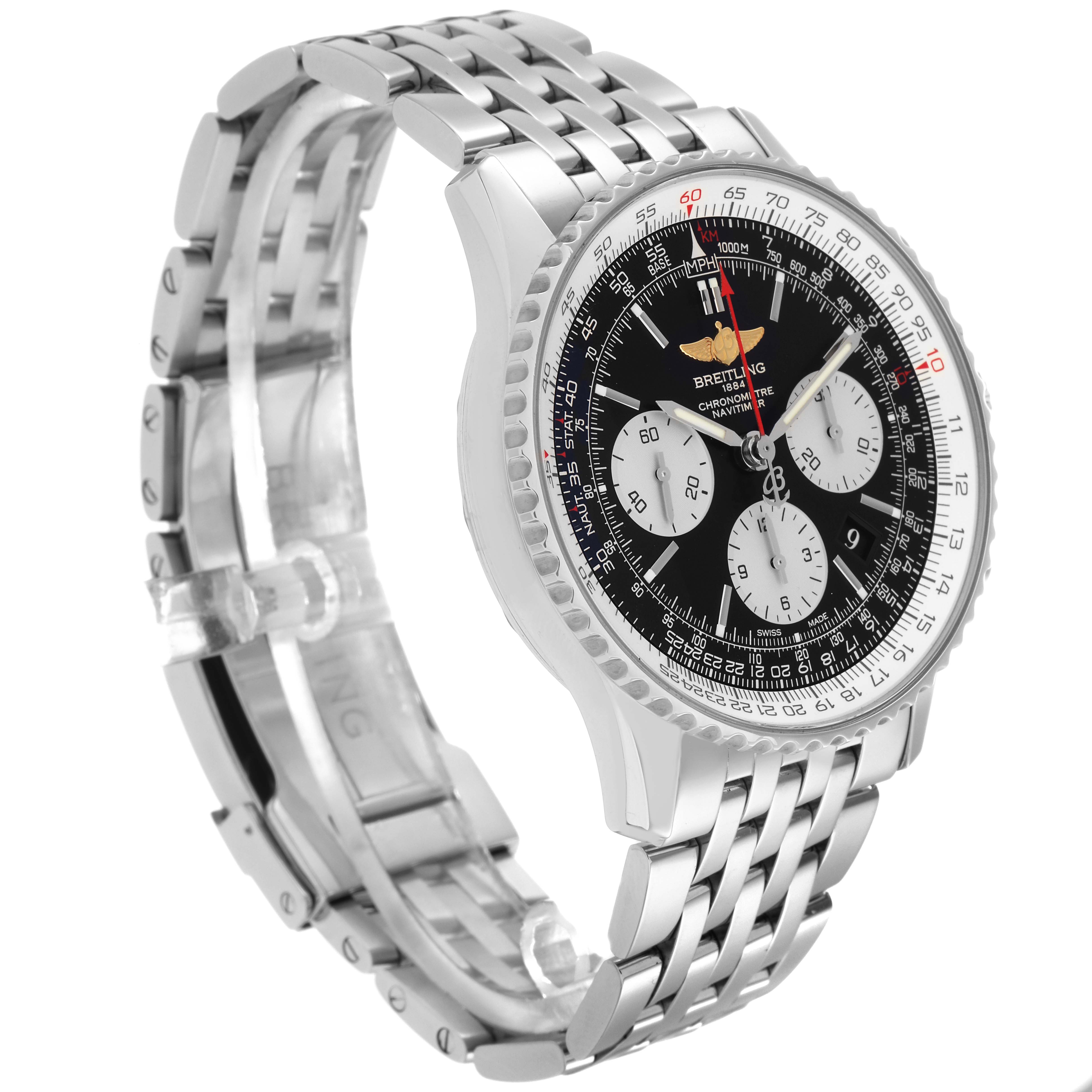 The Breitling Navitimer AB0120 Men
s Stainless Steel Black Dial AB0120 Men
s Stainless Steel Black Dial watch is shown from a side angle, highlighting the face, bezel, bracelet, and clasp.