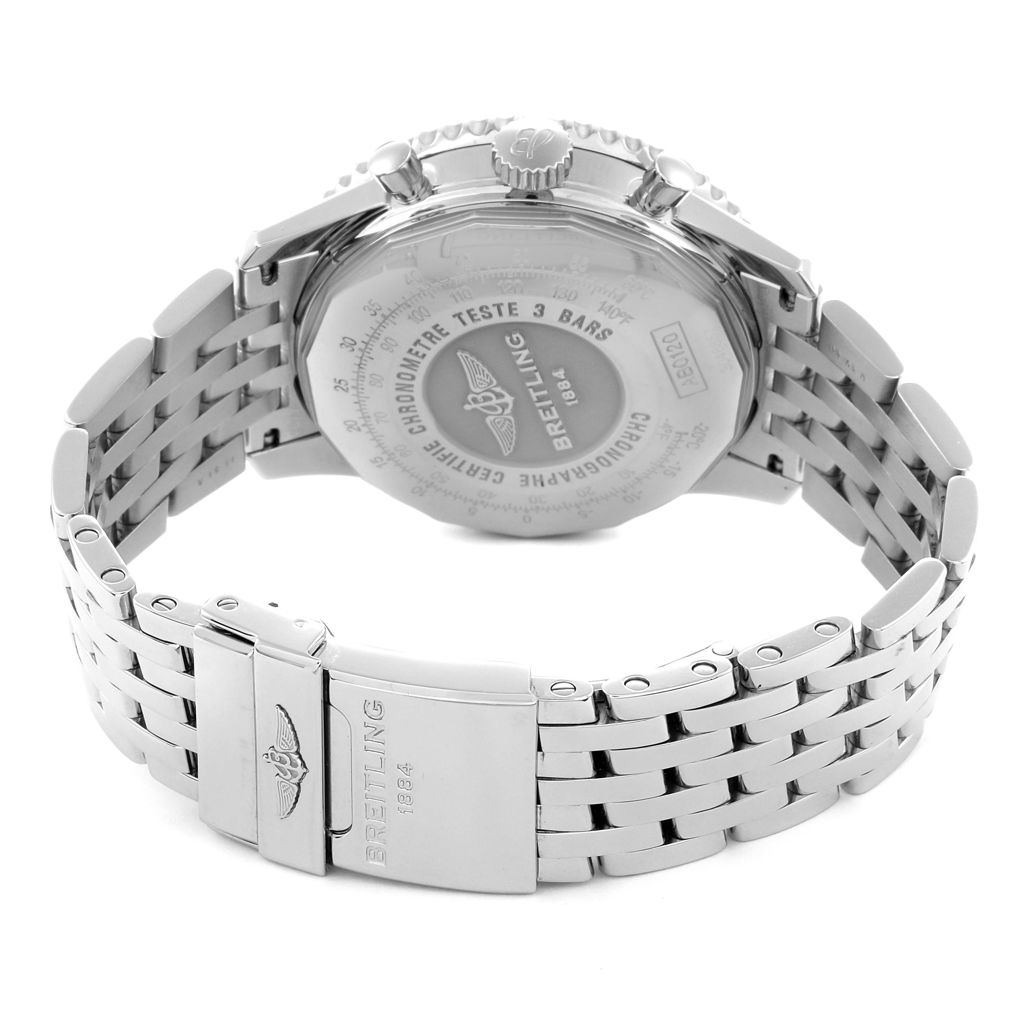 The image shows the back of a Breitling Navitimer AB0120 Men
s Stainless Steel Black Dial AB0120 Men
s Stainless Steel Black Dial watch, focusing on the case back and metal bracelet clasp.