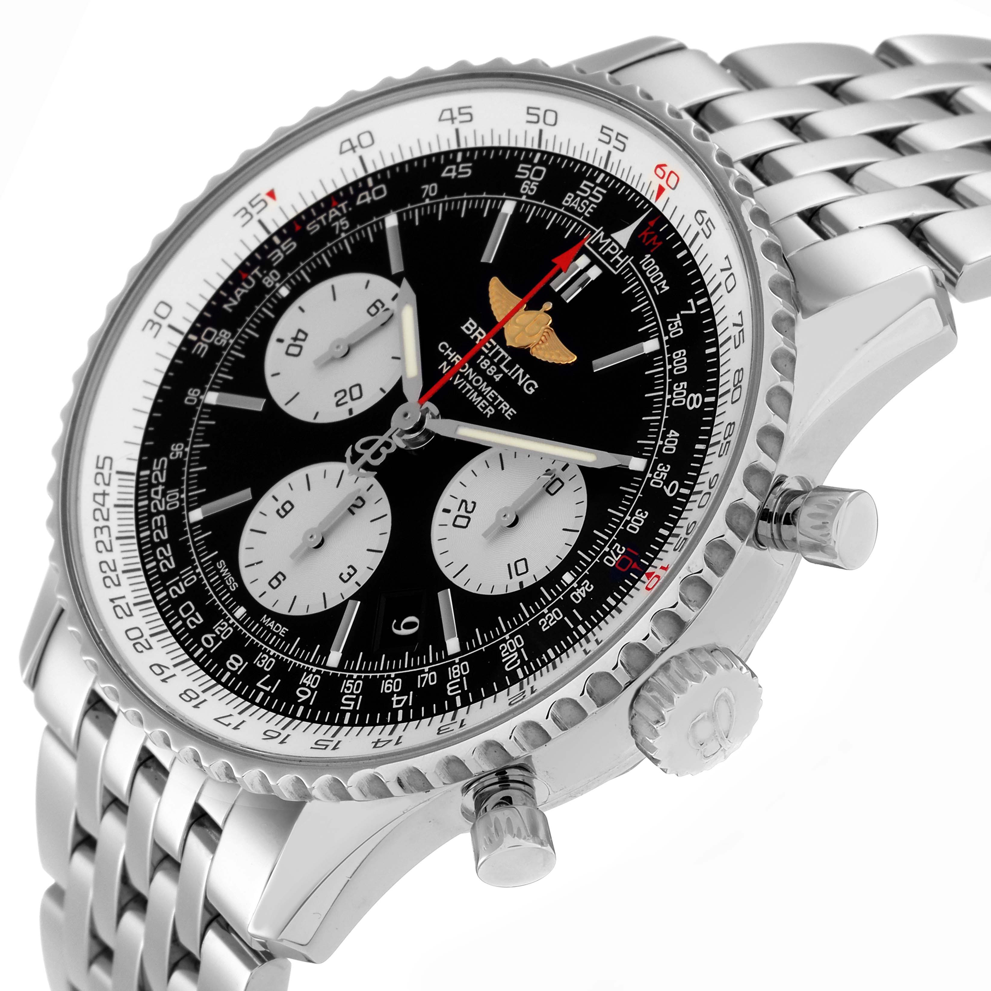 The Breitling Navitimer AB0120 Men
s Stainless Steel Black Dial AB0120 Men
s Stainless Steel Black Dial watch is shown at an angled view, highlighting the face, bezel, and side pushers on the right.