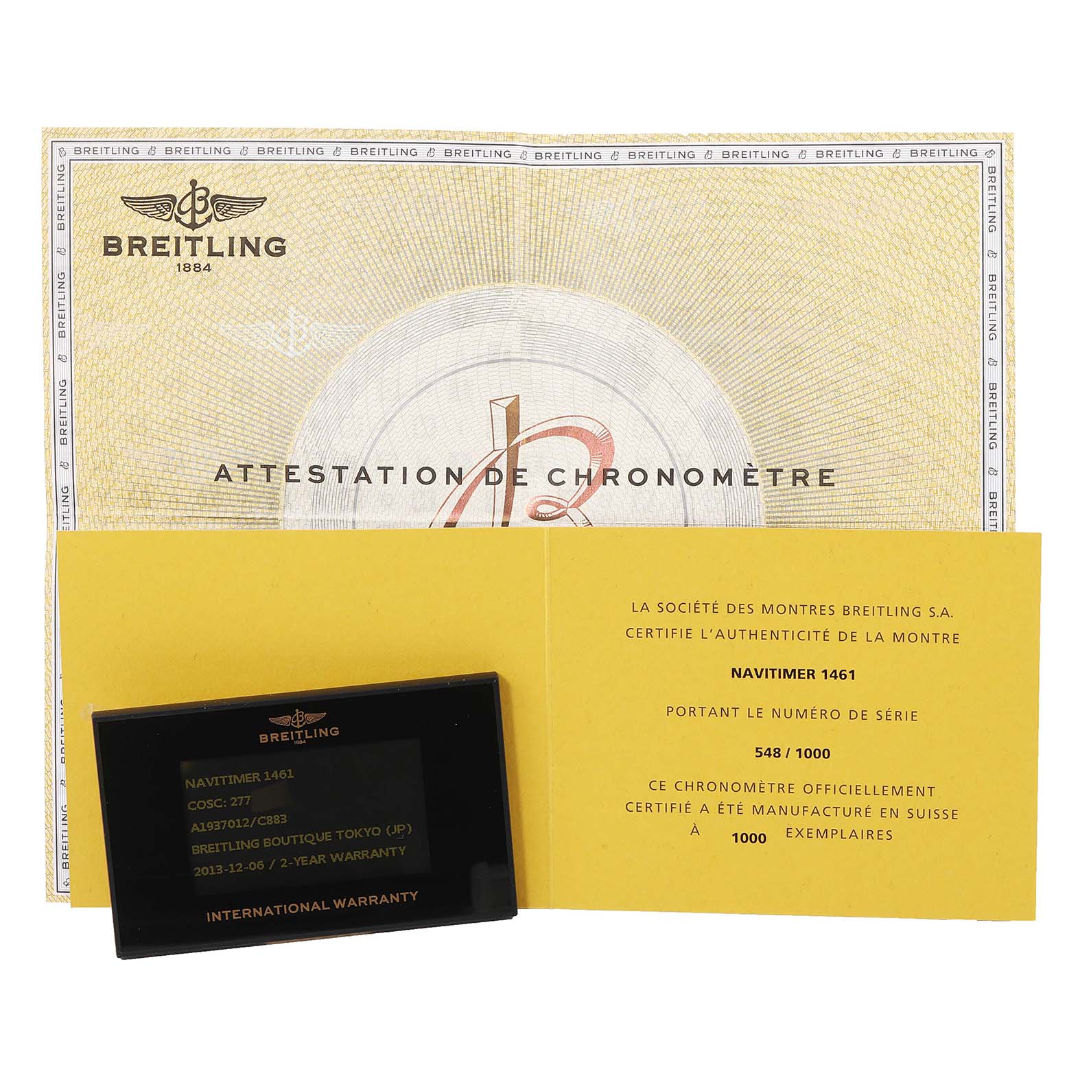 The image displays the authentication documents and warranty card for a Breitling Navitimer A19370 Men's Stainless Steel Blue Dial A19370 Men's Stainless Steel Blue Dial model.