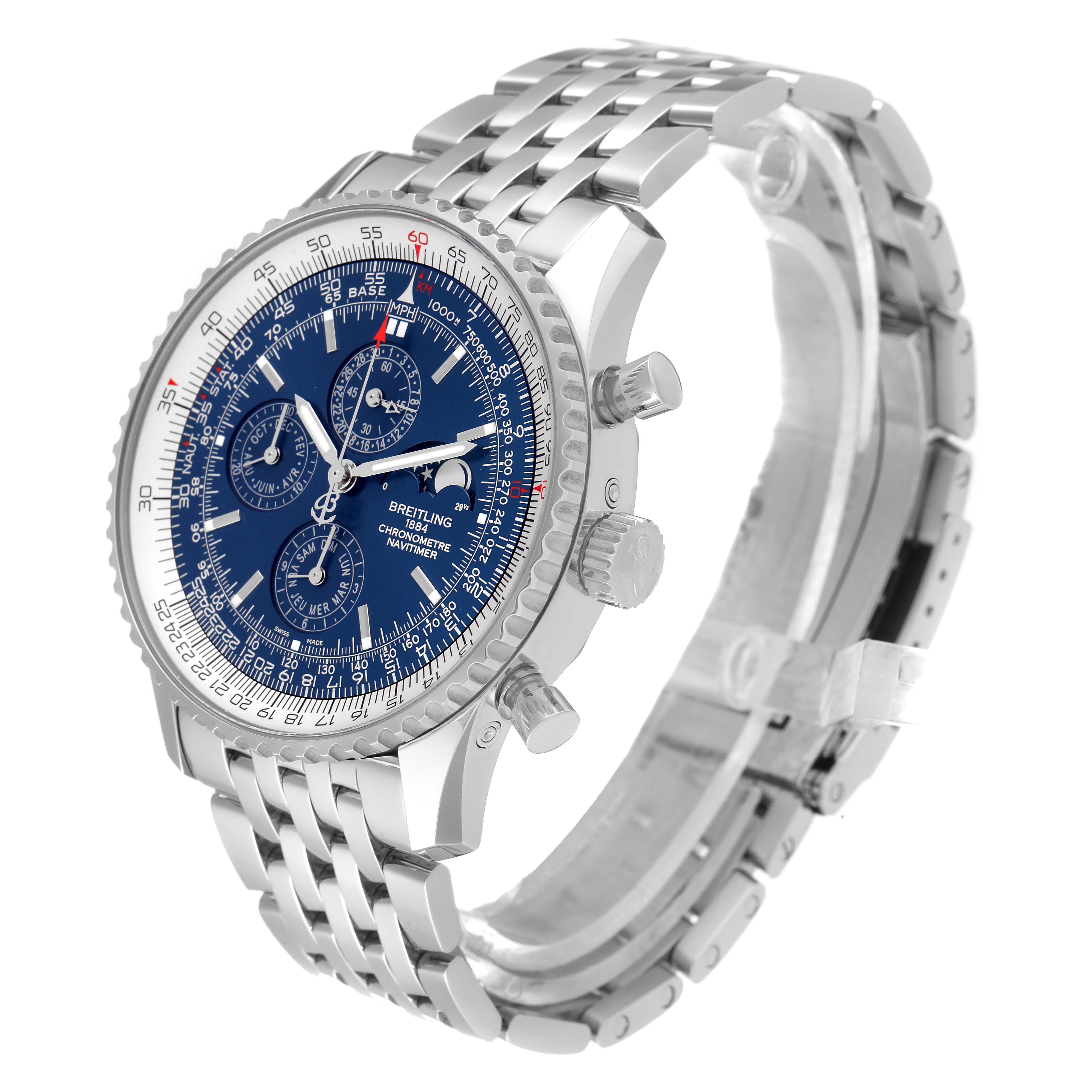 The image shows a Breitling Navitimer A19370 Men's Stainless Steel Blue Dial A19370 Men's Stainless Steel Blue Dial watch at a three-quarter angle, highlighting the face, bezel, crown, pushers, and bracelet.