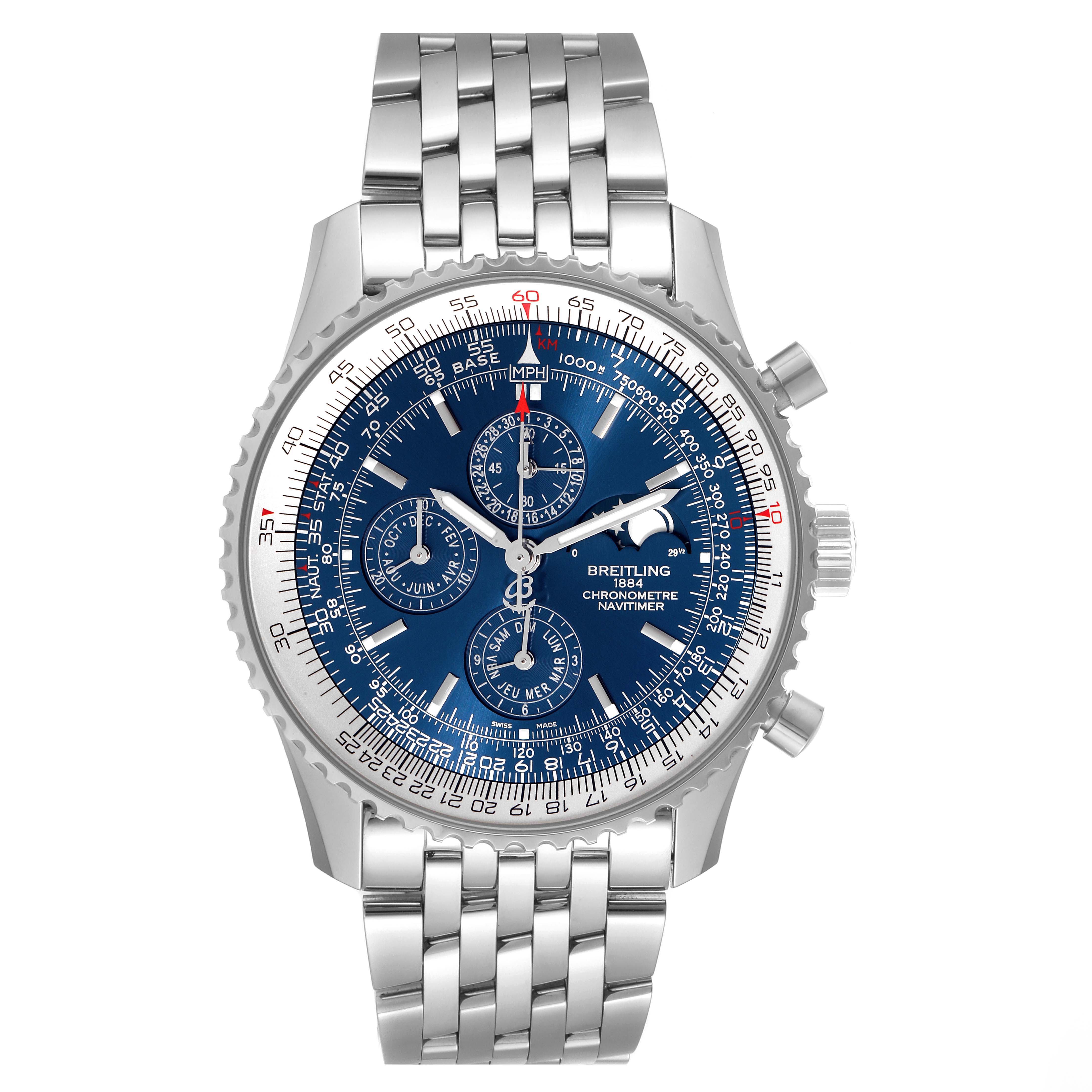 The image shows a front view of a Breitling Navitimer A19370 Men's Stainless Steel Blue Dial A19370 Men's Stainless Steel Blue Dial watch with a stainless steel bracelet and a blue dial.