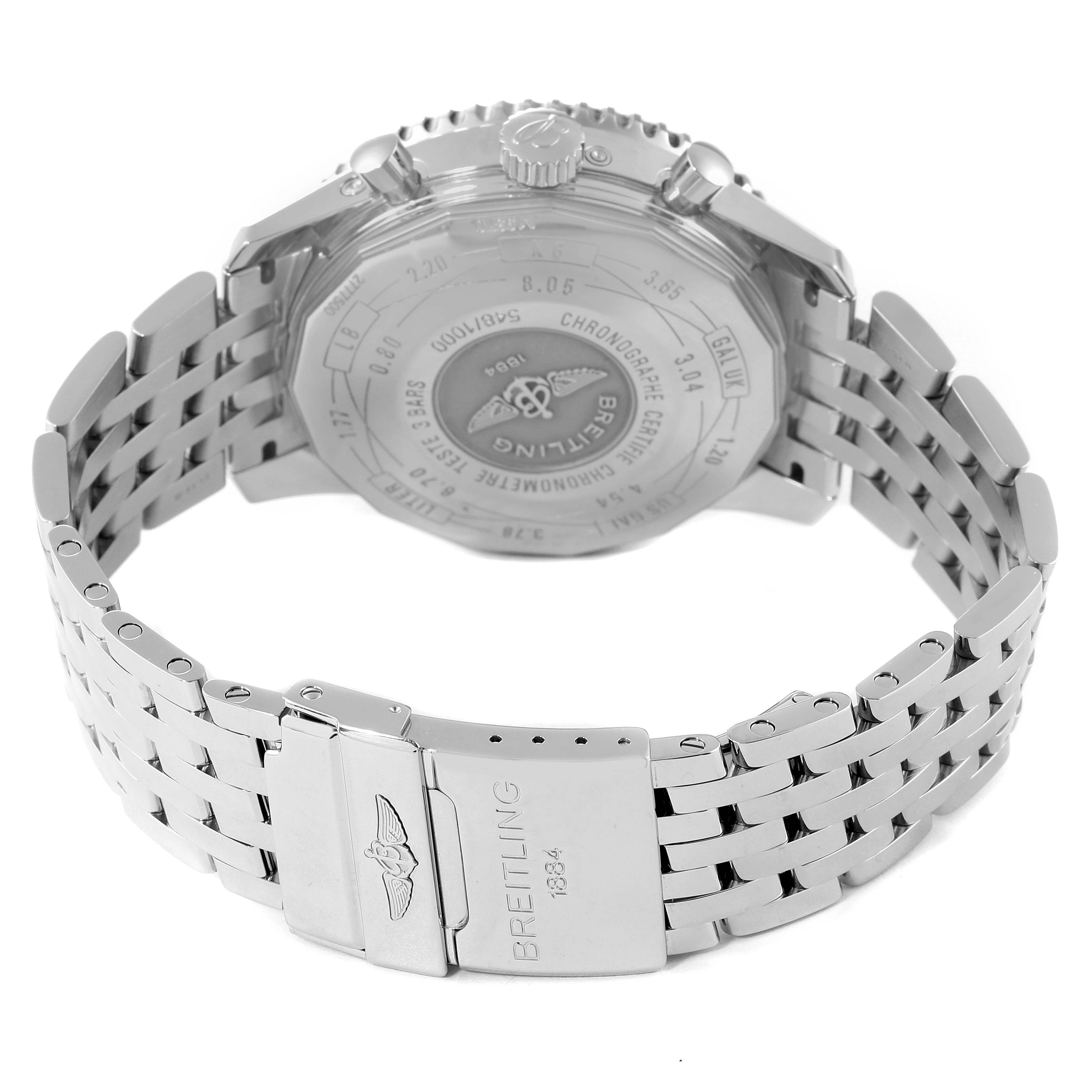 The image shows the back view of a Breitling Navitimer A19370 Men's Stainless Steel Blue Dial A19370 Men's Stainless Steel Blue Dial watch, highlighting the case back and metal bracelet with a clasp.