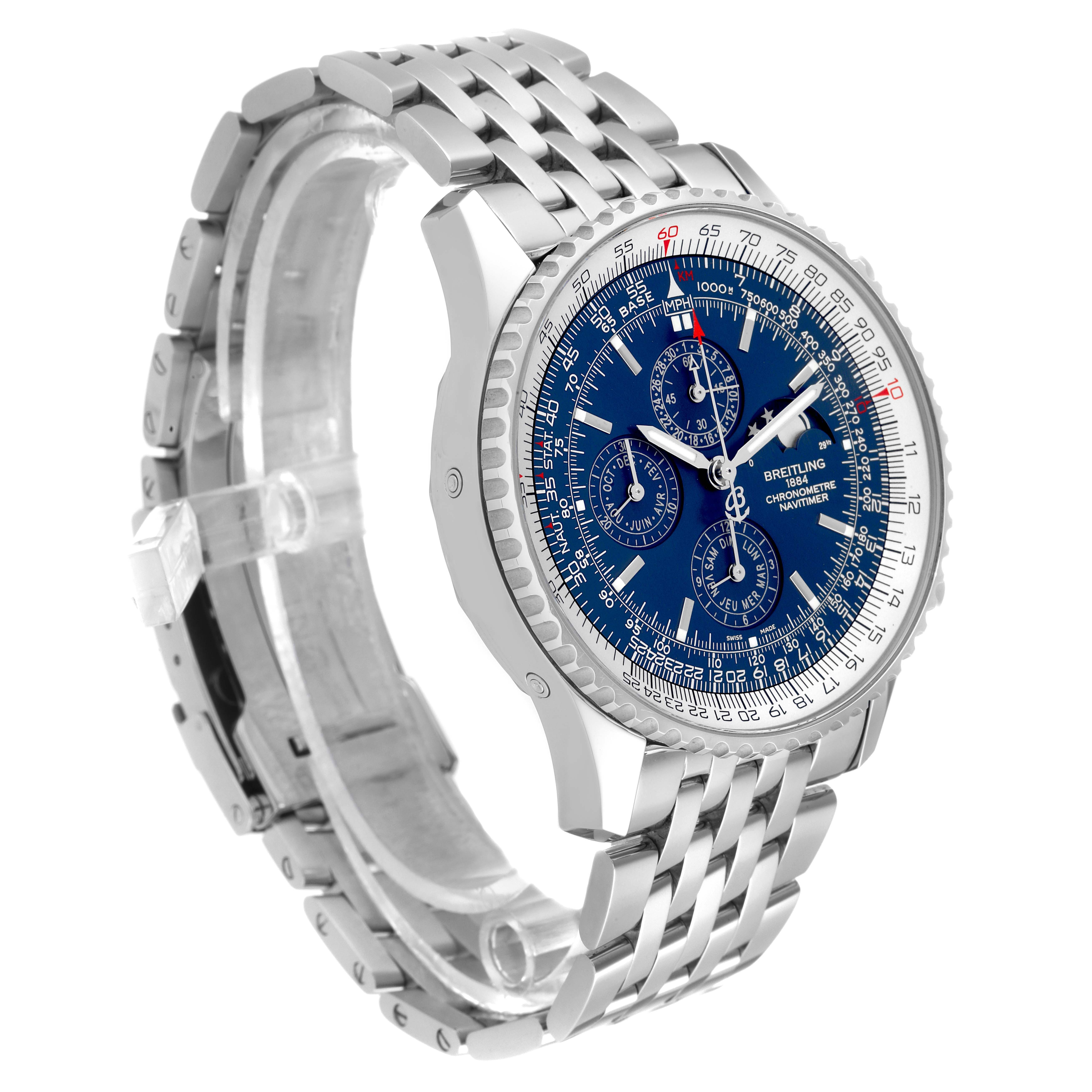 This image shows a side and front angle of the Breitling Navitimer A19370 Men's Stainless Steel Blue Dial A19370 Men's Stainless Steel Blue Dial watch, highlighting its face, bezel, and metal strap.