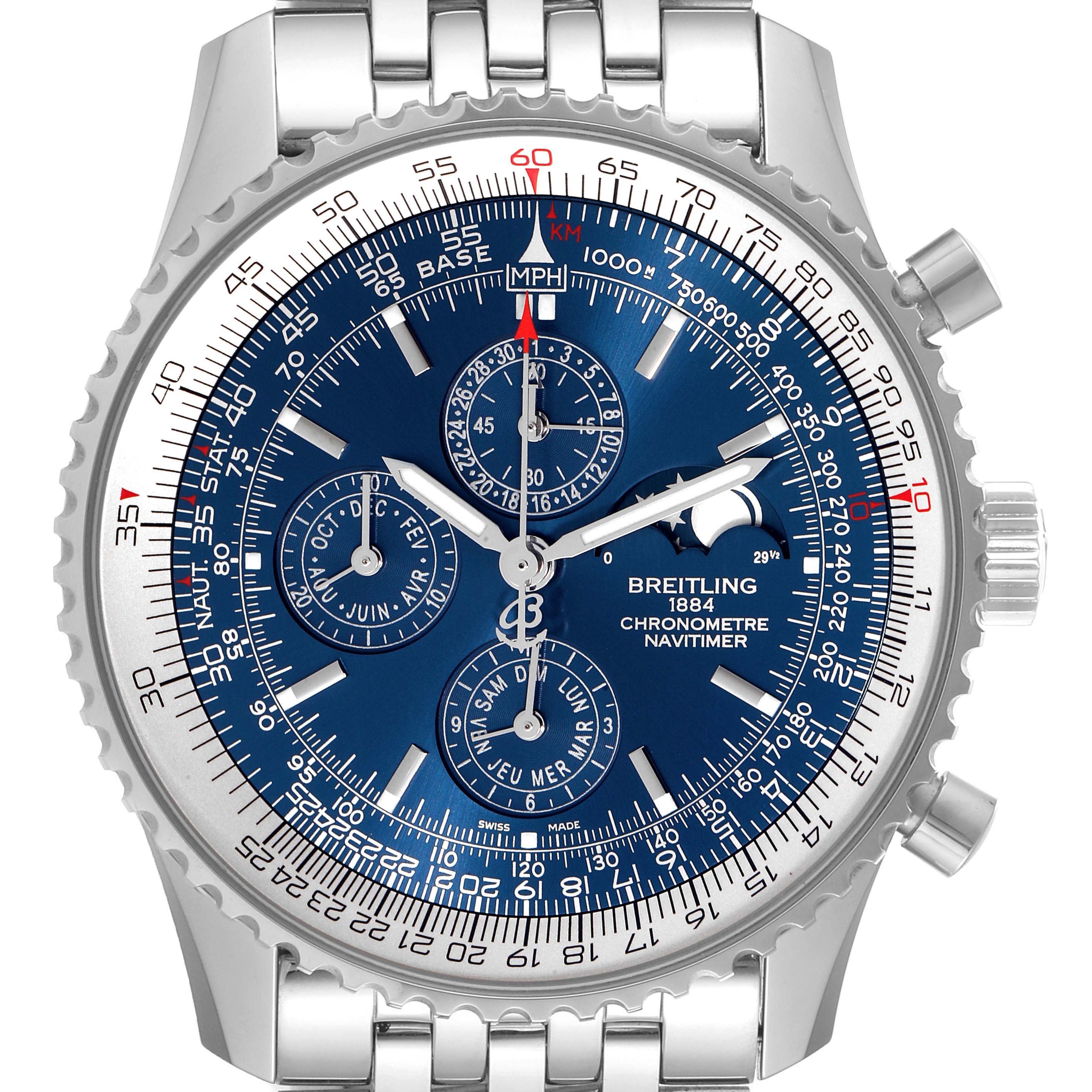 This image shows a front view of a Breitling Navitimer A19370 Men's Stainless Steel Blue Dial A19370 Men's Stainless Steel Blue Dial watch, highlighting its blue dial, chronograph subdials, and stainless steel bracelet.