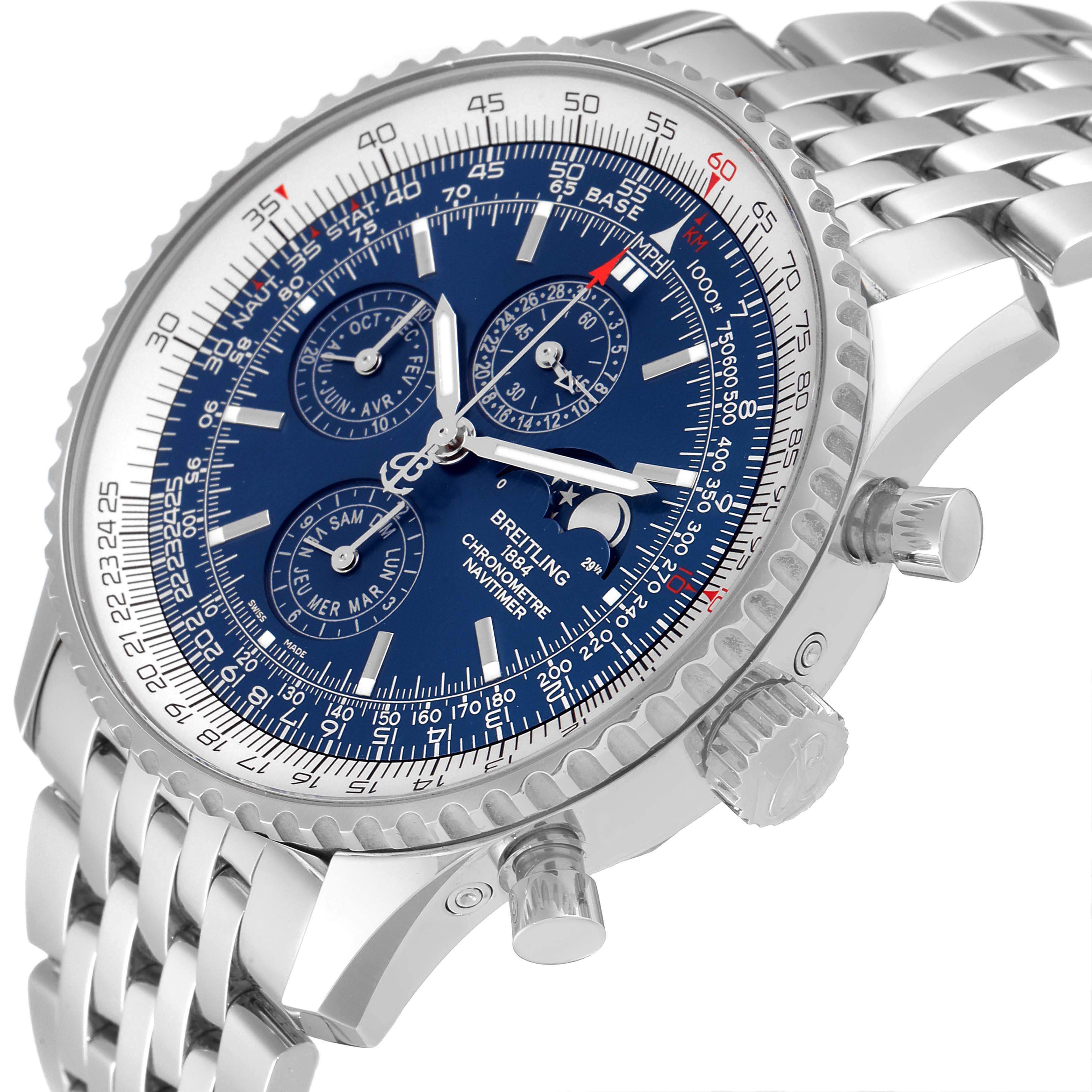 The image shows a Breitling Navitimer A19370 Men's Stainless Steel Blue Dial A19370 Men's Stainless Steel Blue Dial watch at an angle displaying its dial, bezel, crown, pushers, and part of the bracelet.
