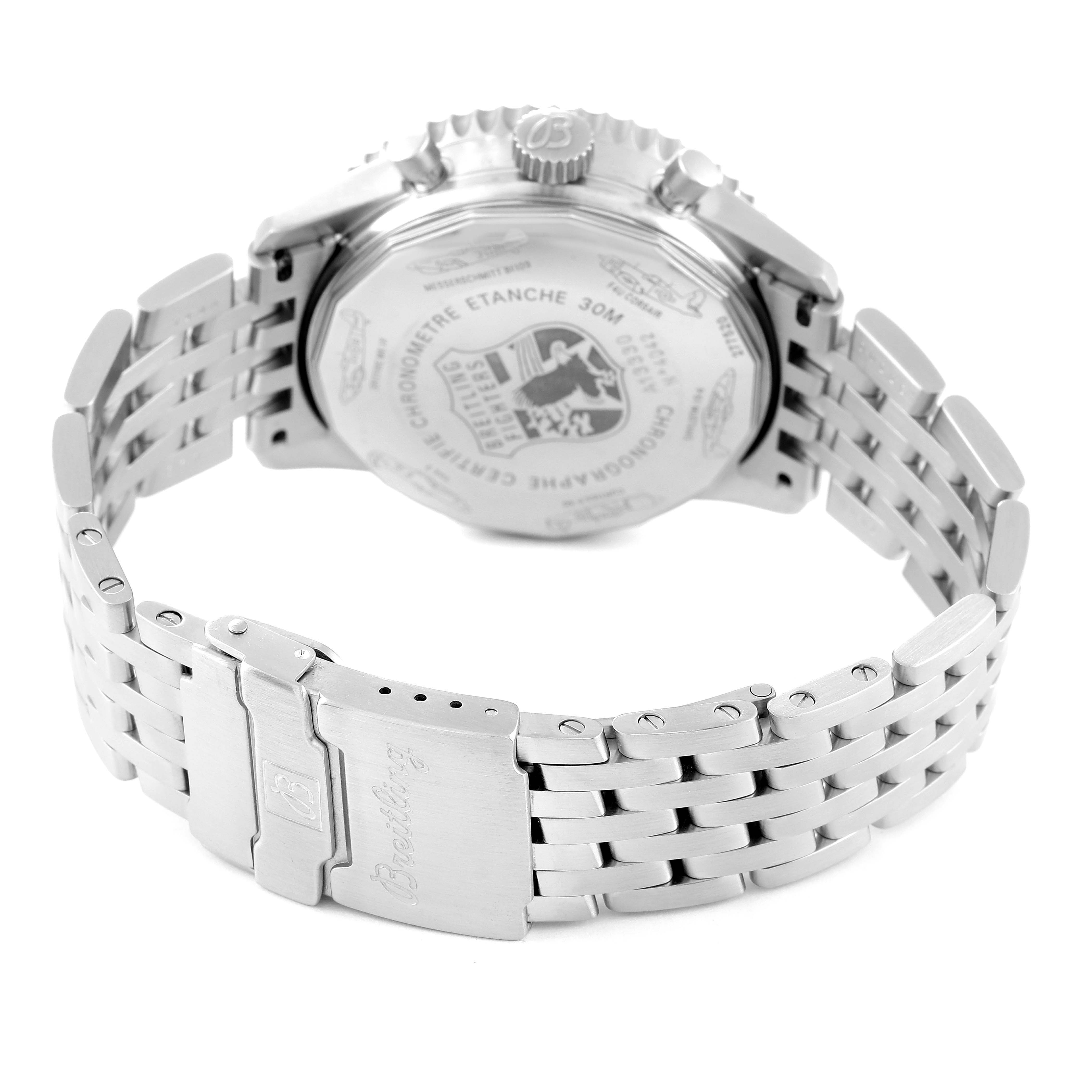 The image shows the back case and bracelet of a Breitling Navitimer A13330 Men's Stainless Steel Black Dial A13330 Men's Stainless Steel Black Dial watch from a rear angle.