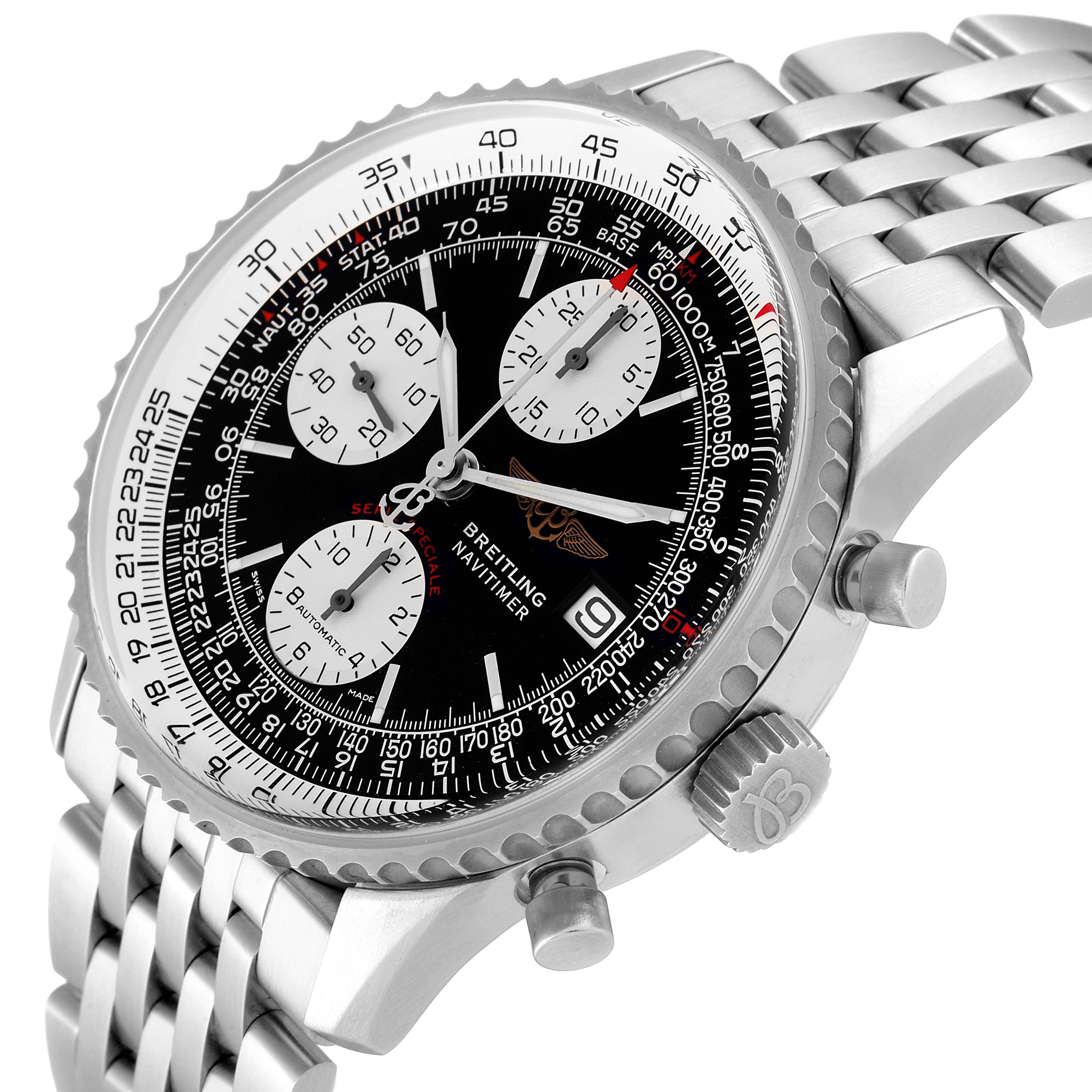 The image shows a Breitling Navitimer A13330 Men's Stainless Steel Black Dial A13330 Men's Stainless Steel Black Dial watch from an angled view, highlighting the stainless steel case, bezel, pushers, and bracelet.