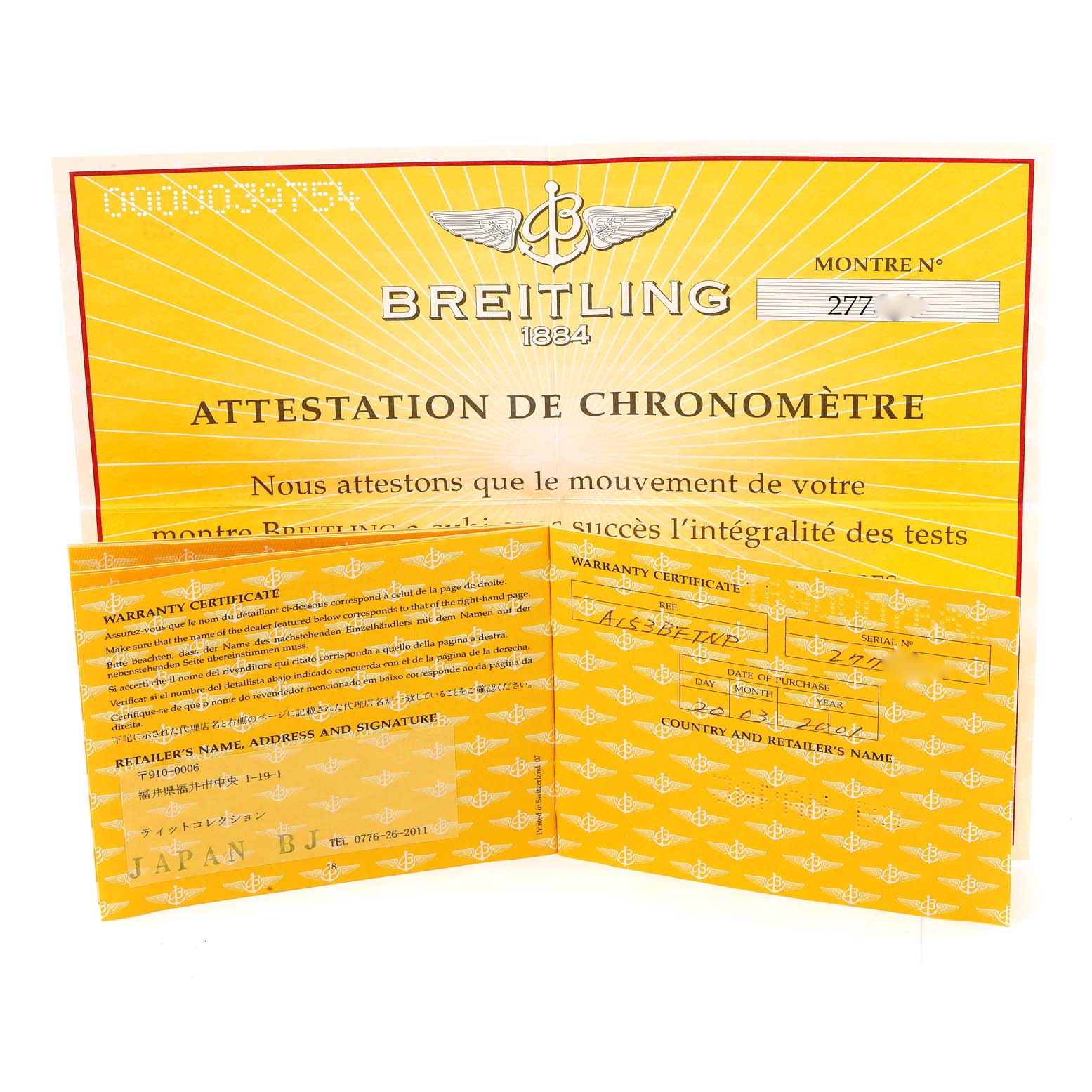 The image shows the warranty certificate and chronometer attestation papers for a Breitling Navitimer A13330 Men's Stainless Steel Black Dial A13330 Men's Stainless Steel Black Dial watch.