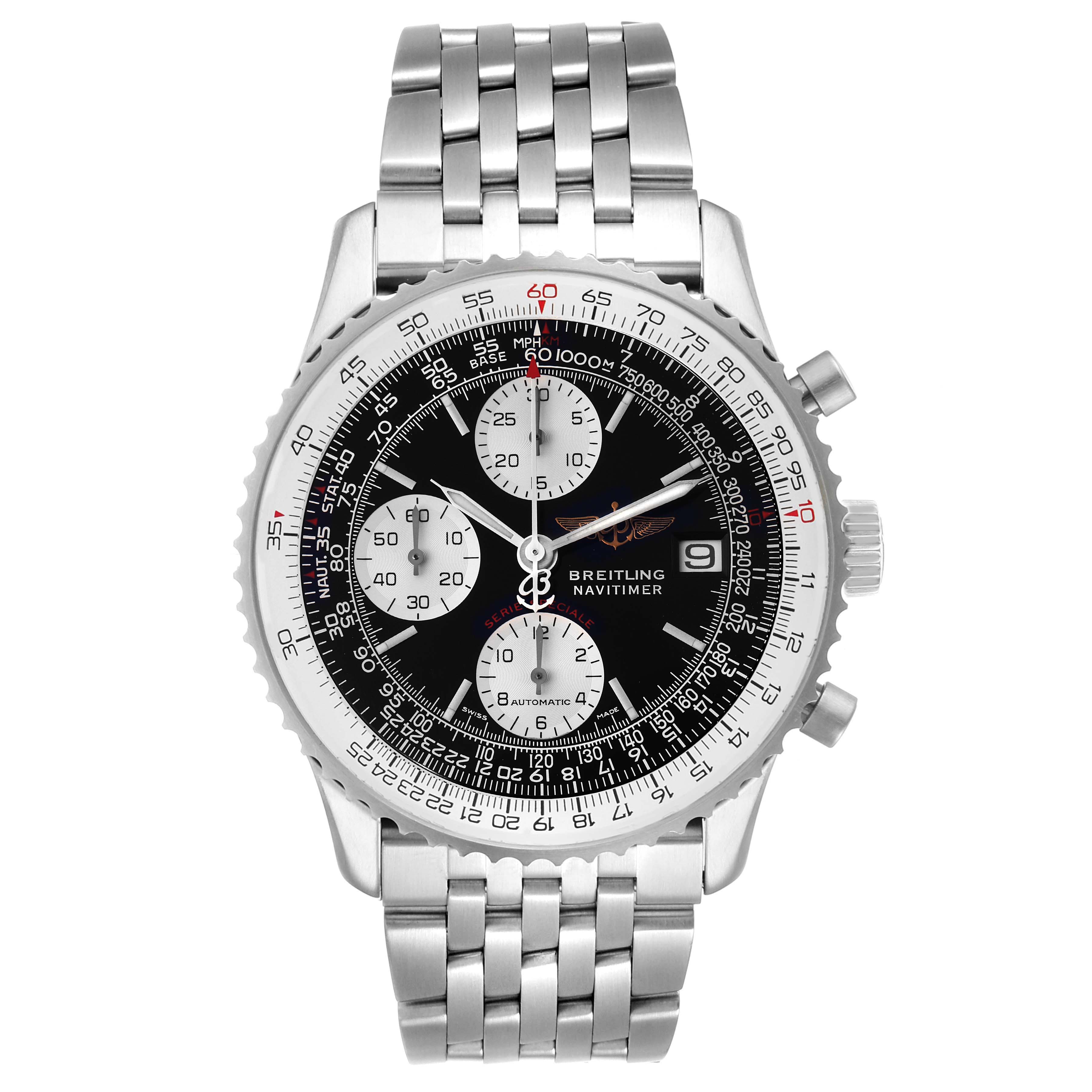 This image shows a Breitling Navitimer A13330 Men's Stainless Steel Black Dial A13330 Men's Stainless Steel Black Dial watch front-on, displaying its dial, bezel, pushers, and metal bracelet.