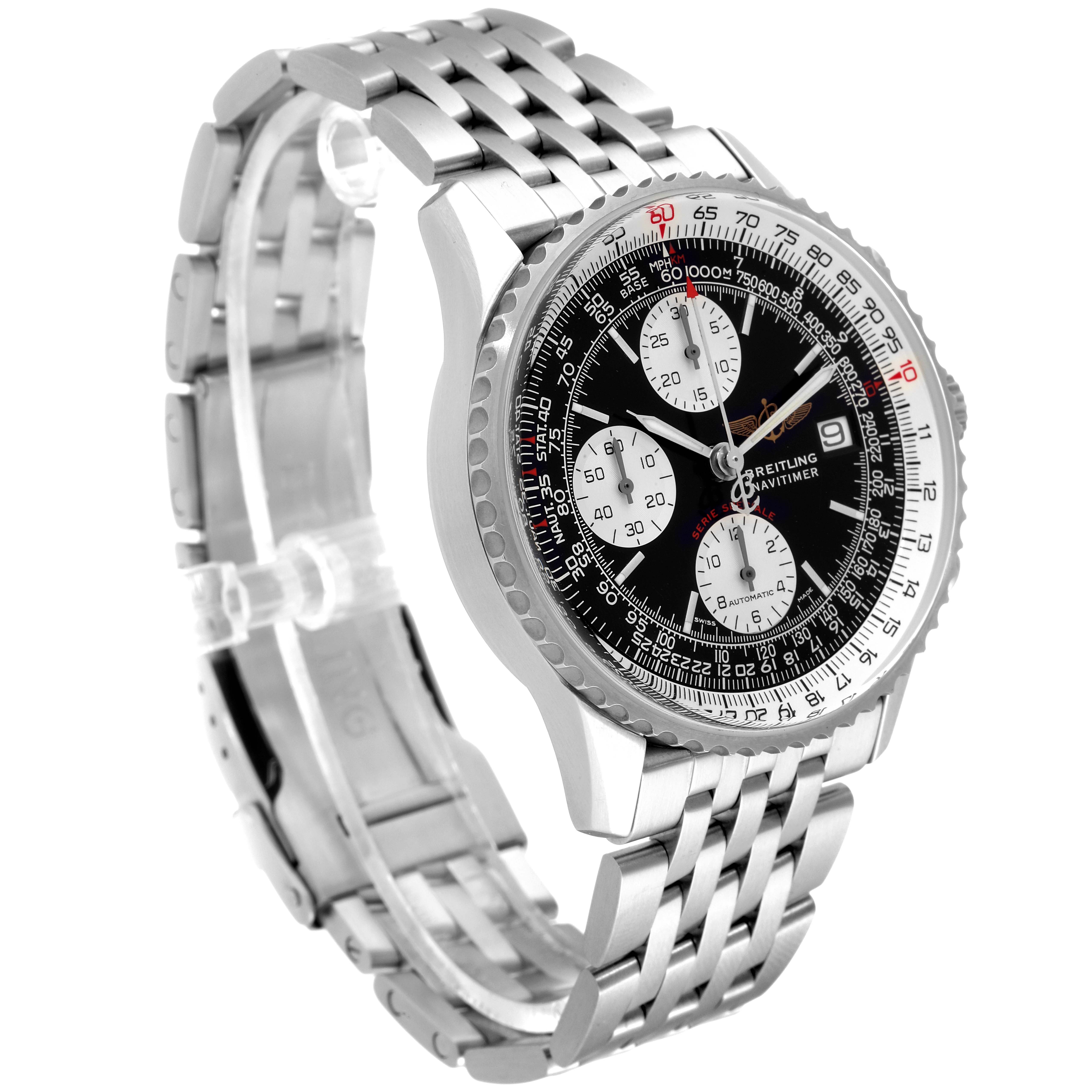 The image shows a side angle of the Breitling Navitimer A13330 Men's Stainless Steel Black Dial A13330 Men's Stainless Steel Black Dial watch, highlighting its dial, bezel, and stainless steel bracelet.
