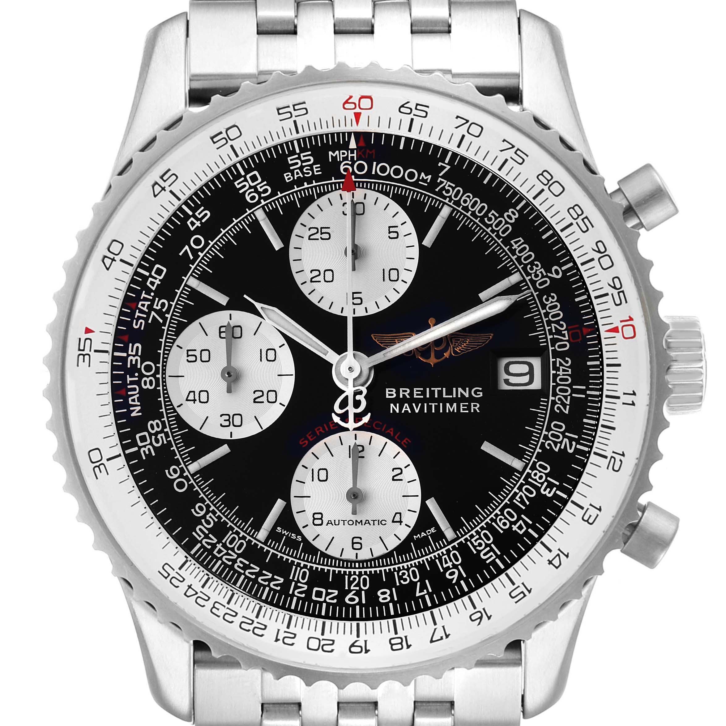 The image shows the front view of a Breitling Navitimer A13330 Men's Stainless Steel Black Dial A13330 Men's Stainless Steel Black Dial watch displaying its dial, bezel, and part of the metal bracelet.