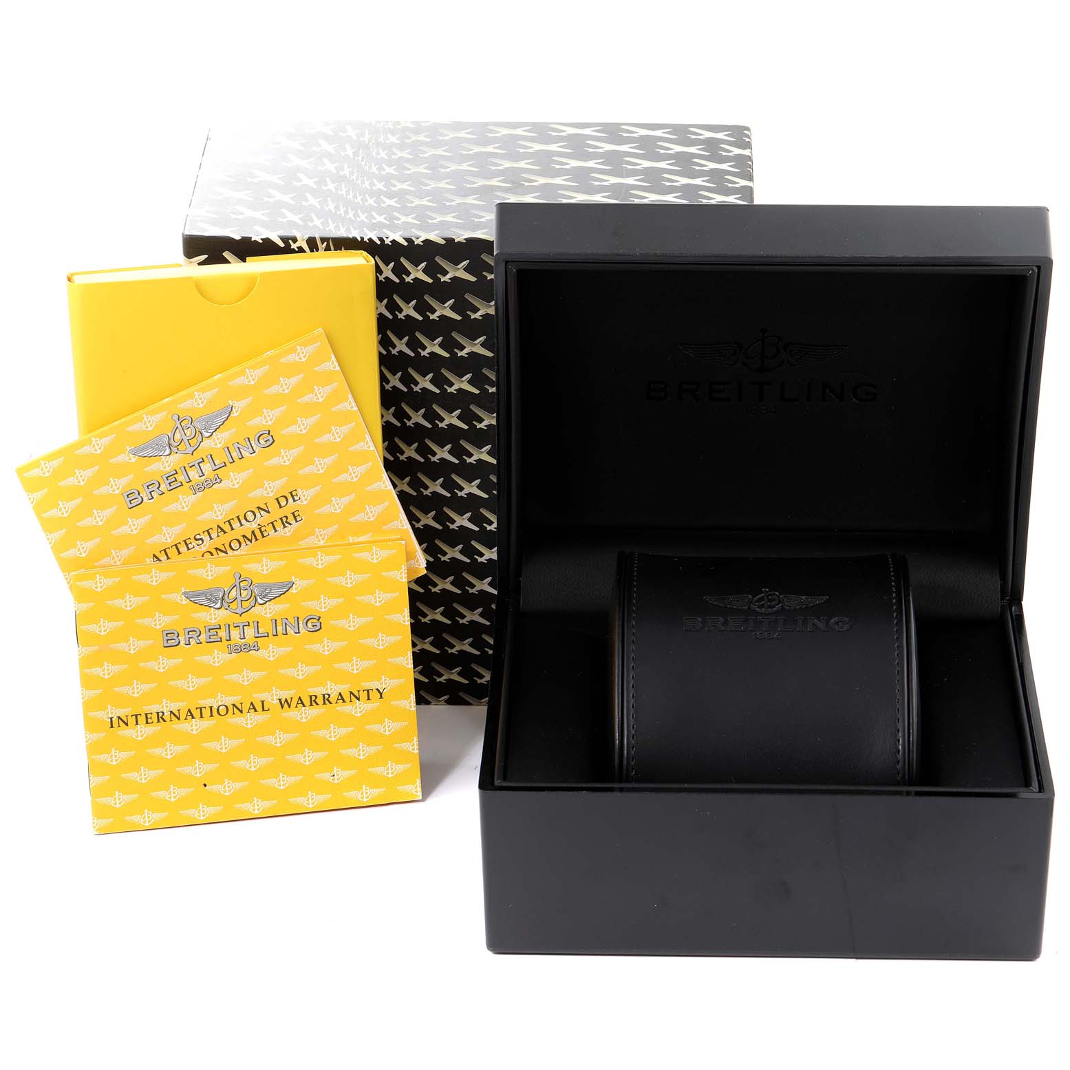 The image shows the Breitling Navitimer A13330 Men's Stainless Steel Black Dial A13330 Men's Stainless Steel Black Dial packaging, including a box, leather case, and warranty documents.