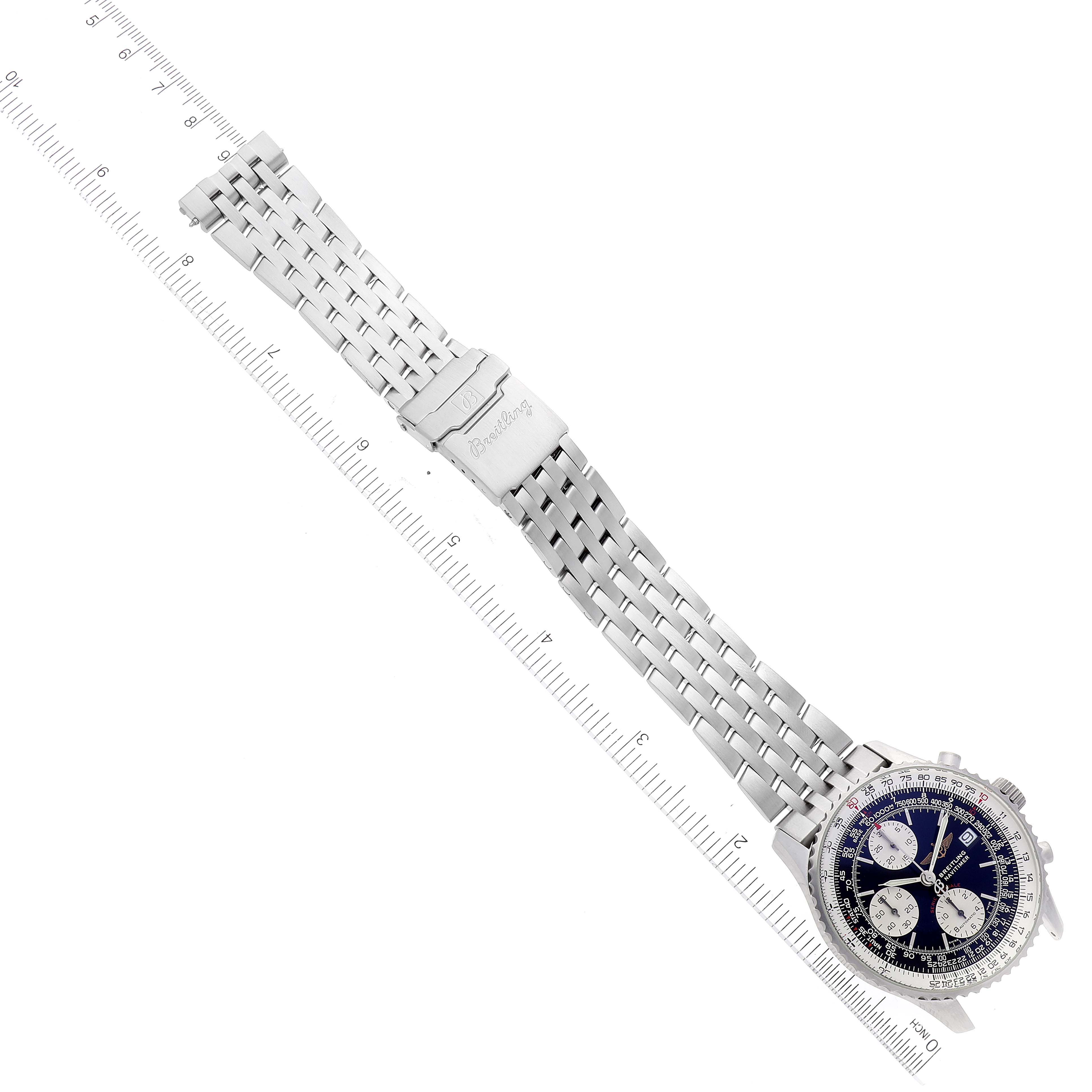 The image shows a Breitling Navitimer A13330 Men's Stainless Steel Black Dial A13330 Men's Stainless Steel Black Dial watch laid flat with the full strap and face visible, positioned next to a ruler for scale.
