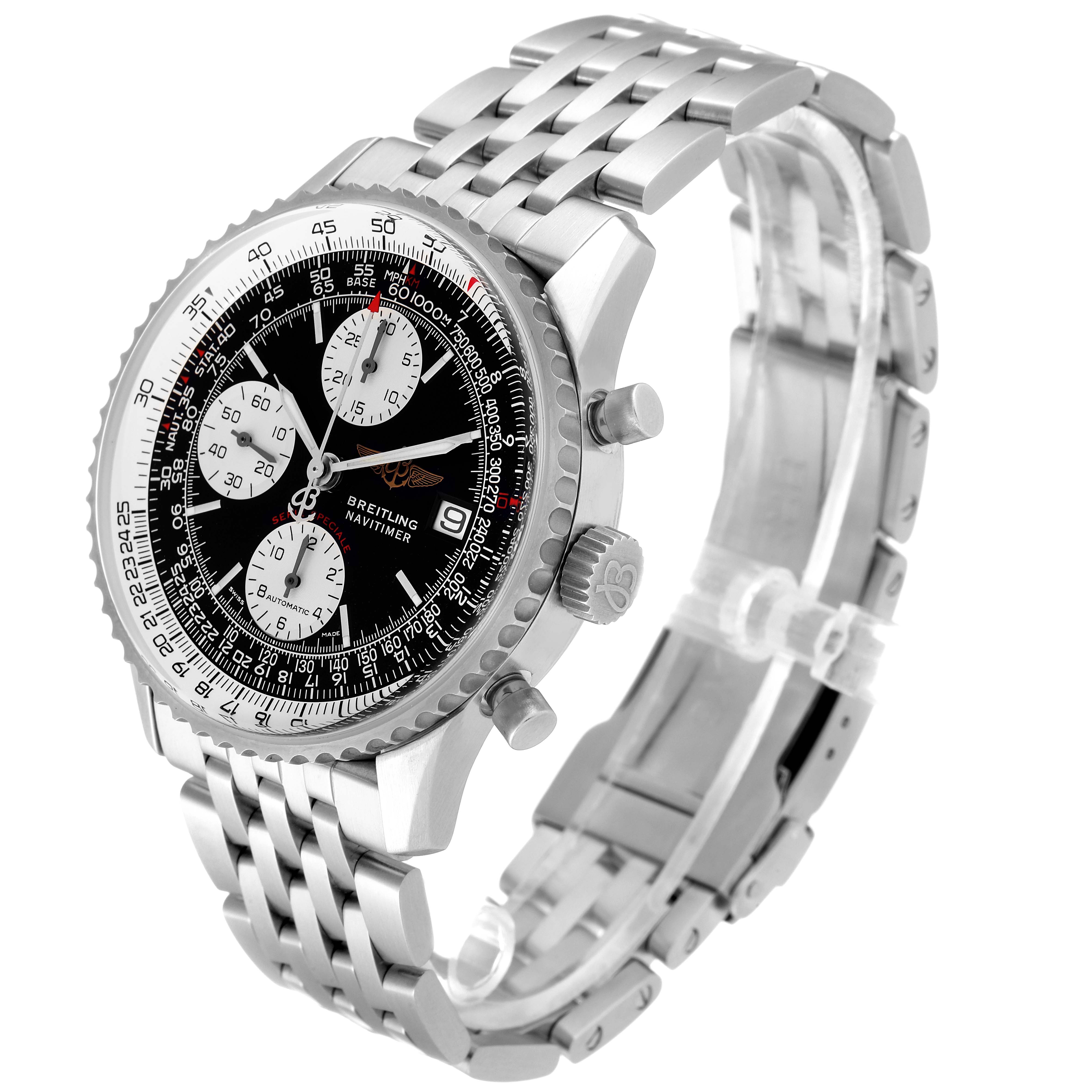 The image shows a Breitling Navitimer A13330 Men's Stainless Steel Black Dial A13330 Men's Stainless Steel Black Dial watch at a slight angle, displaying the bezel, chronograph dials, crown, and stainless steel bracelet.