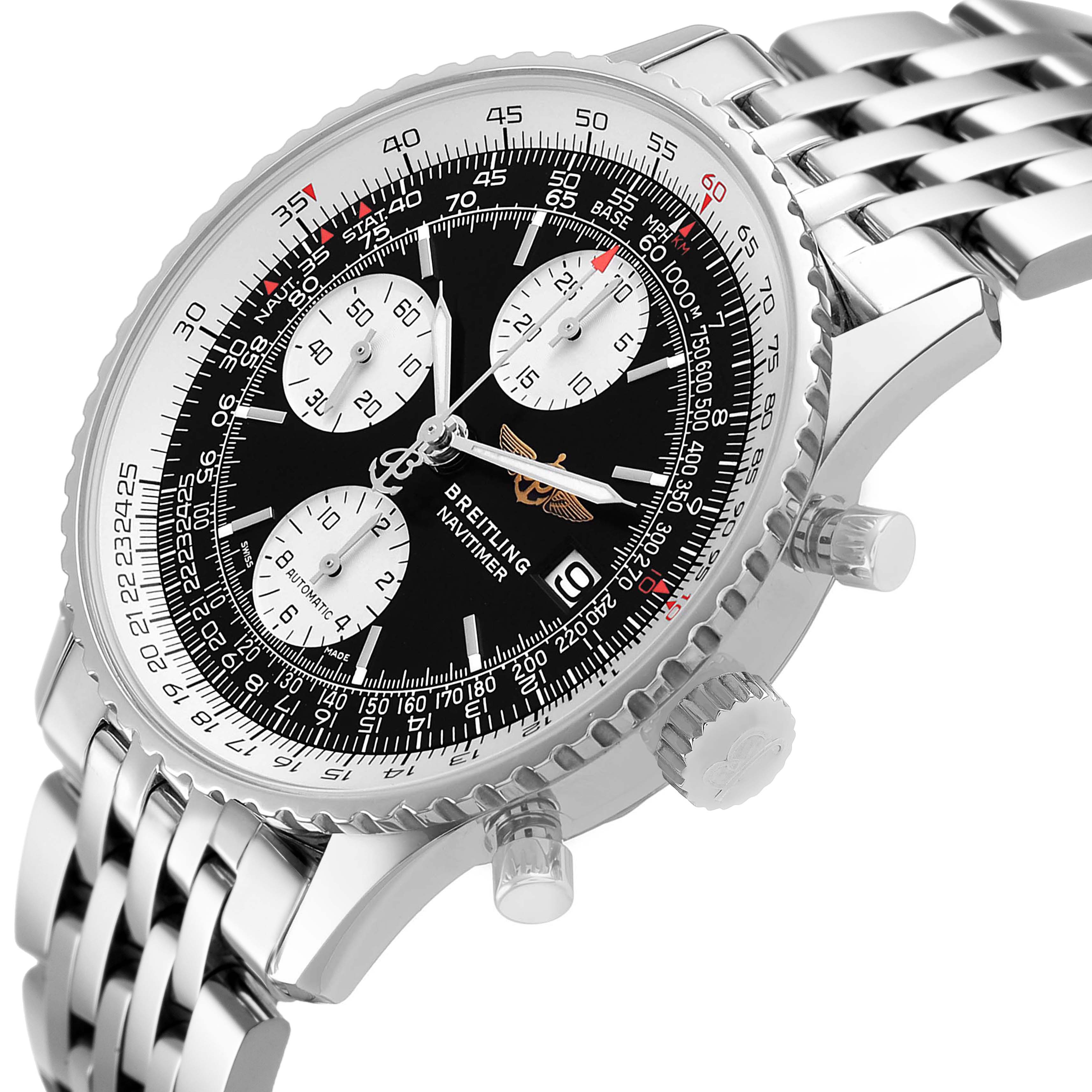 The Breitling Navitimer A1332412/BD49 Men's Stainless Steel Black Dial watch is shown at an angled side view displaying its bezel, crown, pushers, and bracelet.