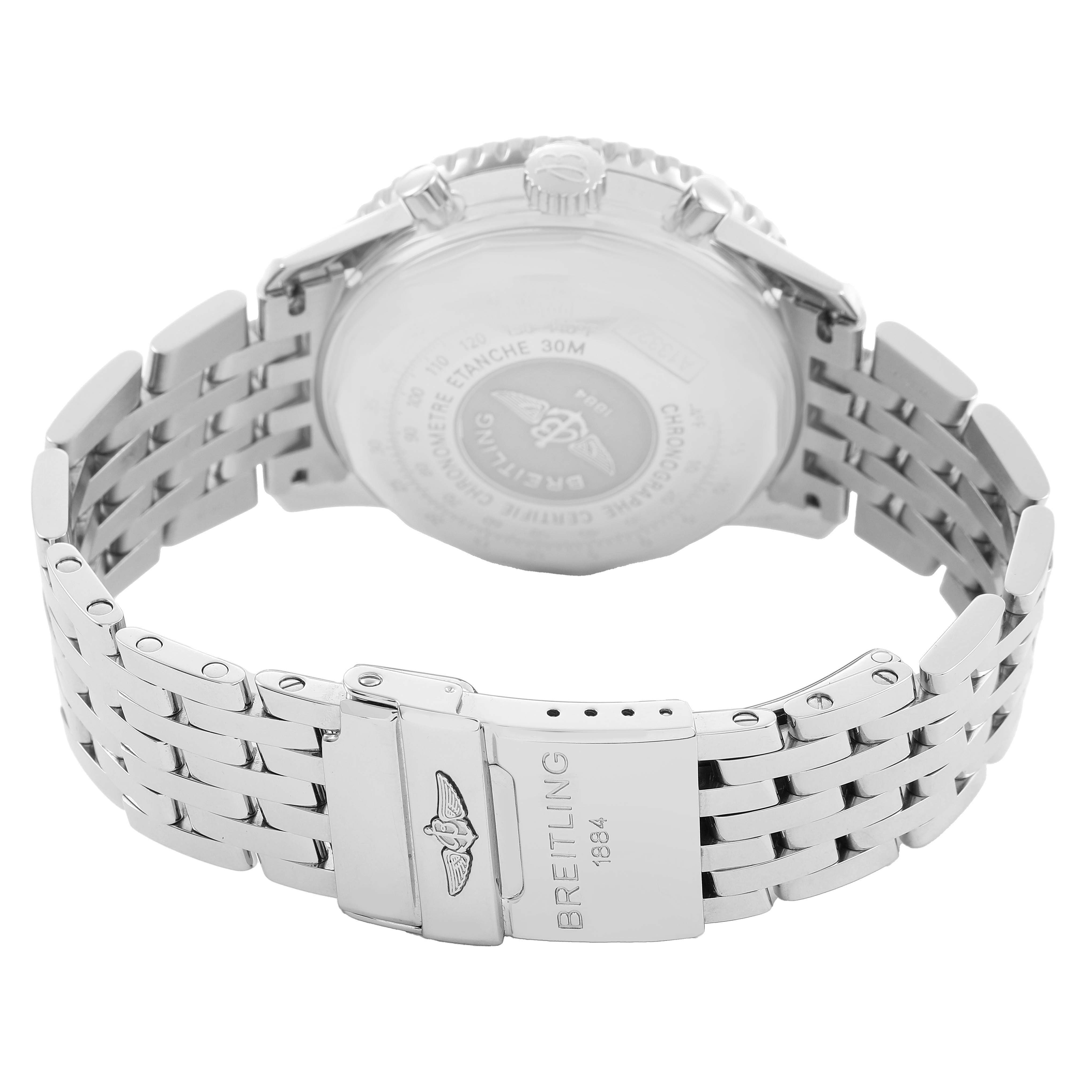 The image shows the back view of a Breitling Navitimer A1332412/BD49 Men's Stainless Steel Black Dial, highlighting the case back and metal bracelet clasp.