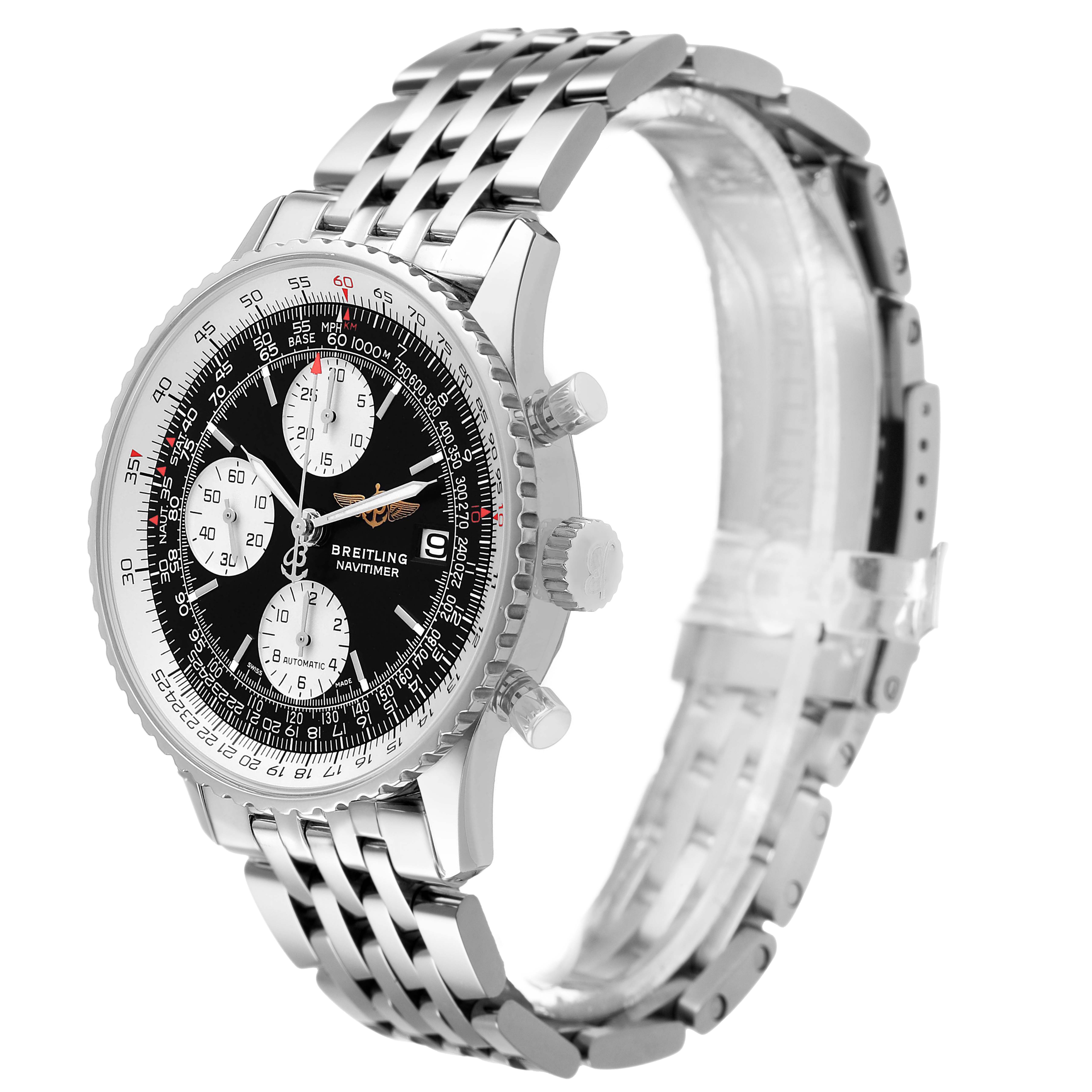 The Breitling Navitimer A1332412/BD49 Men's Stainless Steel Black Dial watch is shown at a three-quarter angle, highlighting the face, bezel, and metal bracelet.