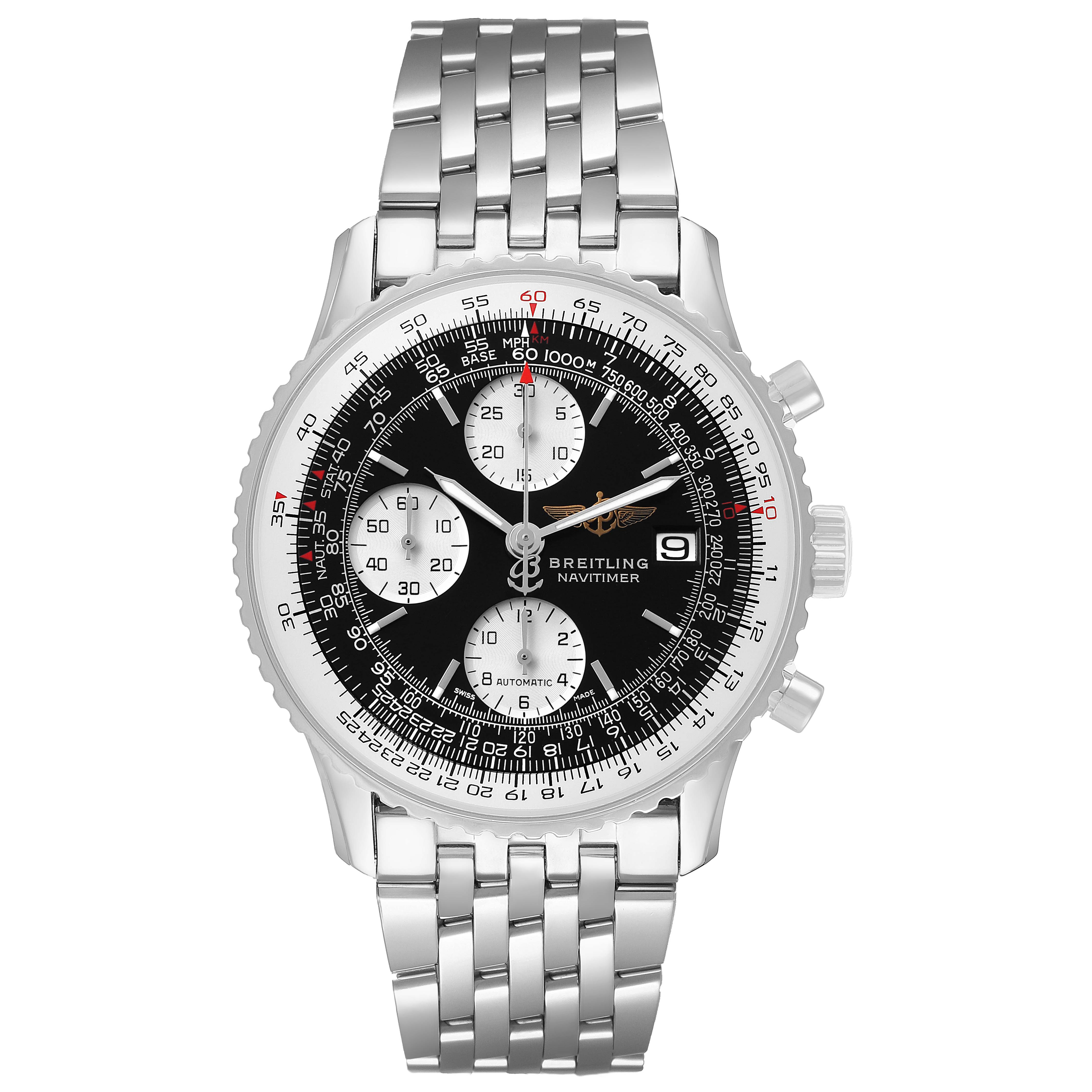 The Breitling Navitimer A1332412/BD49 Men's Stainless Steel Black Dial watch is shown from a front angle, displaying its face, bezel, and metallic bracelet.