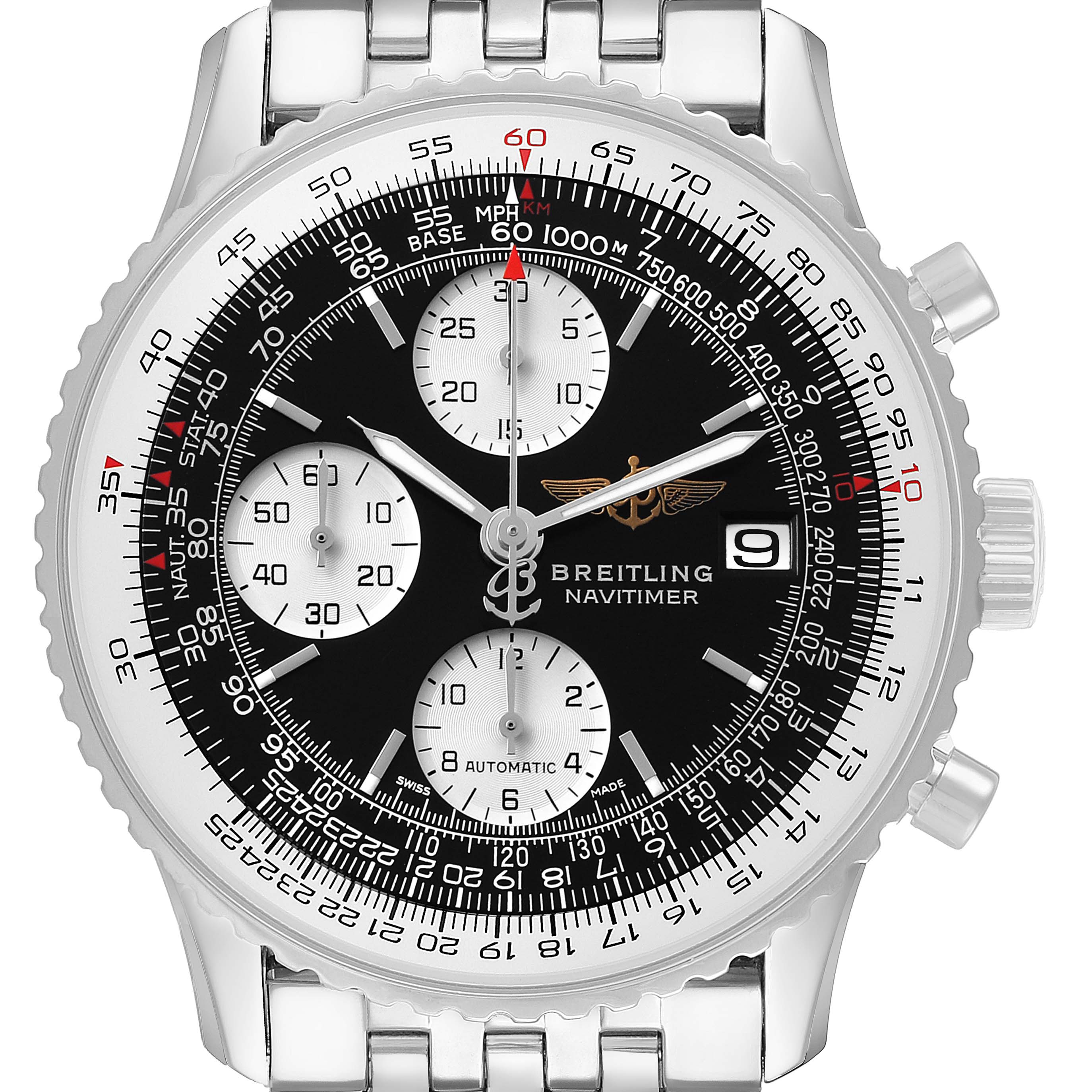 The Breitling Navitimer A1332412/BD49 Men's Stainless Steel Black Dial watch is shown from the front, displaying its dial, bezel, chronograph subdials, and stainless steel bracelet.
