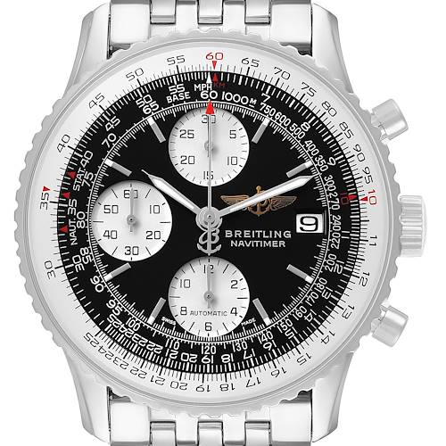 The Breitling Navitimer A1332412/BD49 Men's Stainless Steel Black Dial watch is shown from a frontal angle, displaying the face, bezel, and stainless steel bracelet.