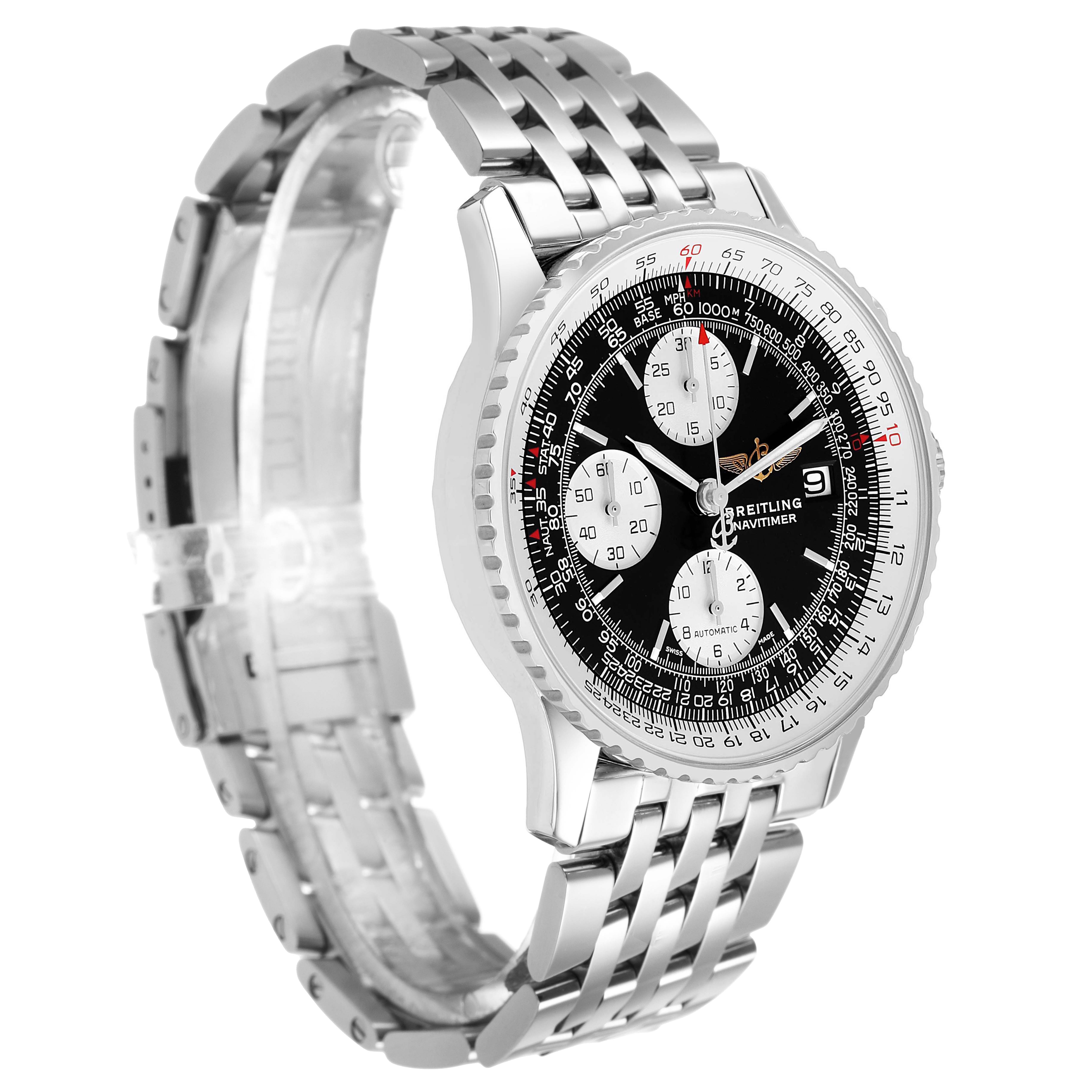 The Breitling Navitimer A1332412/BD49 Men's Stainless Steel Black Dial watch is shown at a three-quarter angle, highlighting the bezel, dial, subdials, and metal bracelet.