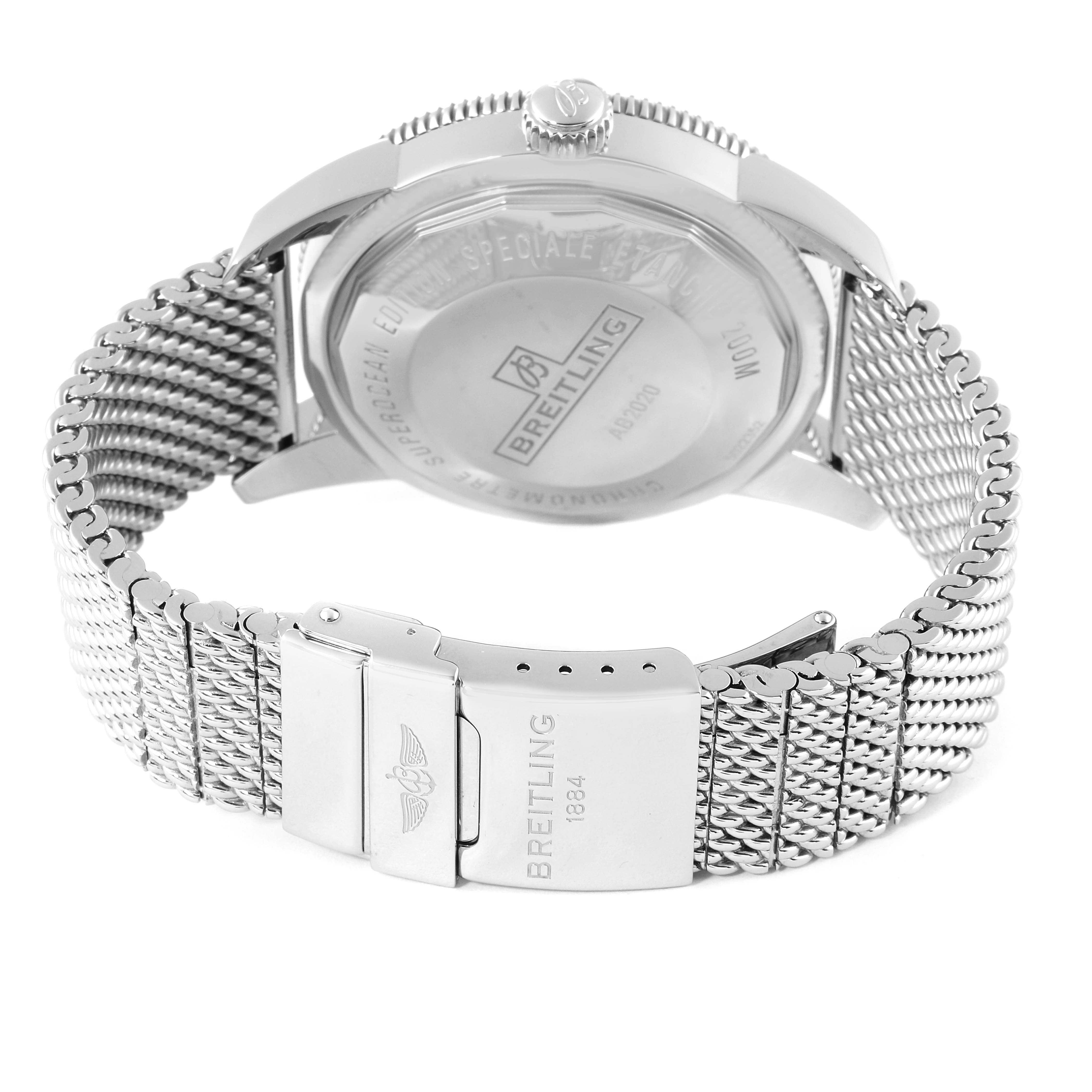 The image shows the back casing and mesh bracelet of the Breitling Superocean AB202016-C961-152A Men
s Stainless Steel Blue Dial AB202016-C961-152A Men
s Stainless Steel Blue Dial watch from a rear angle.