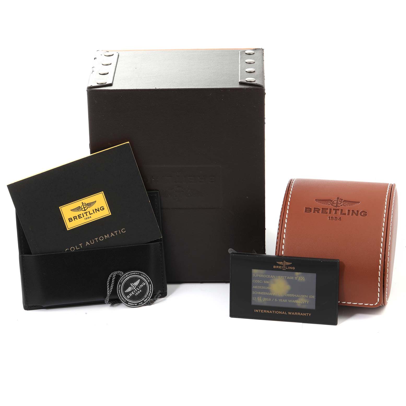 The image shows the packaging, international warranty card, and documentation for the Breitling Superocean AB202016-C961-152A Men
s Stainless Steel Blue Dial AB202016-C961-152A Men
s Stainless Steel Blue Dial model.