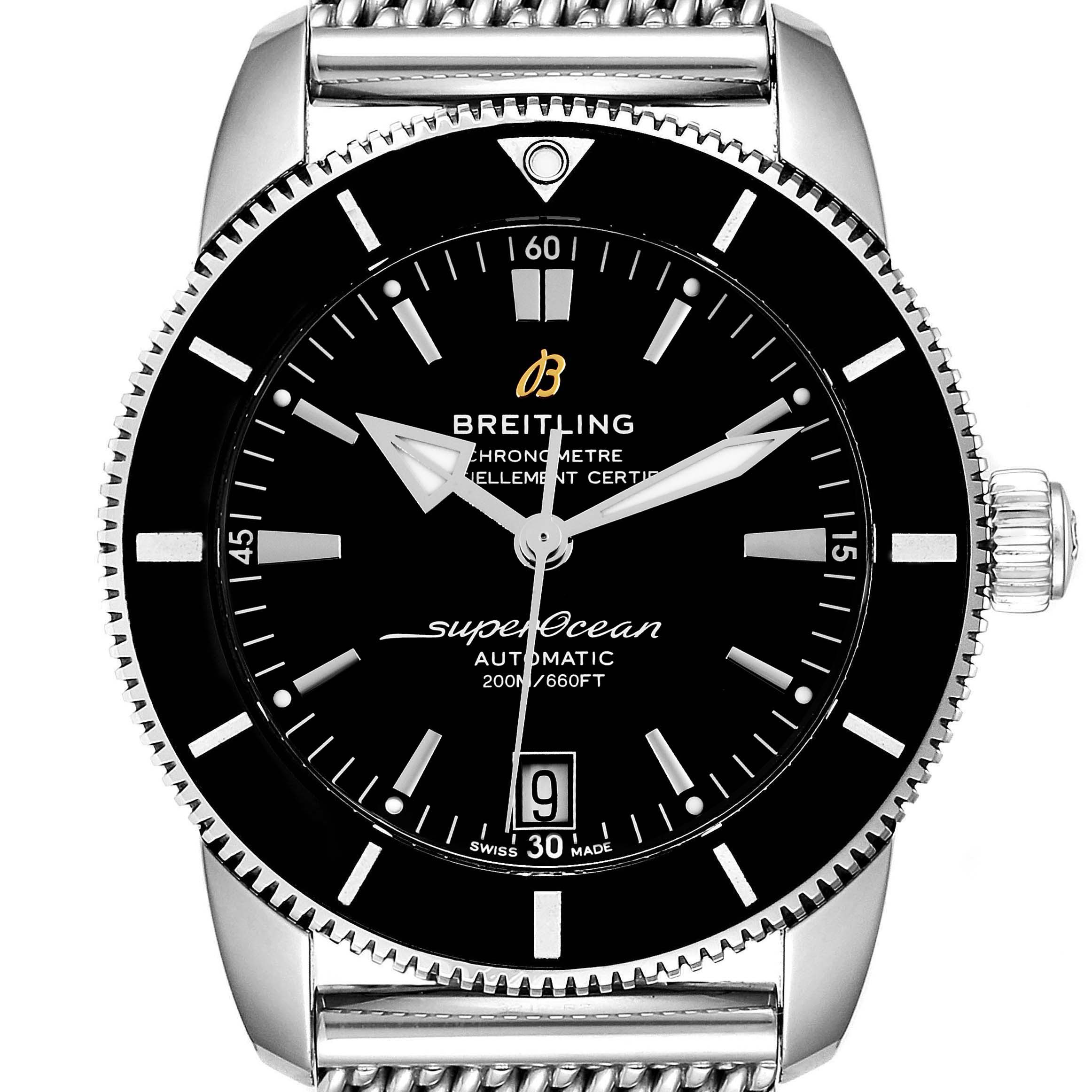 The image shows a front view of a Breitling Superocean AB2010161C1A1 Men's Stainless Steel Black Dial AB2010161C1A1 Men's Stainless Steel Black Dial watch, highlighting the dial, bezel, crown, and part of the bracelet.