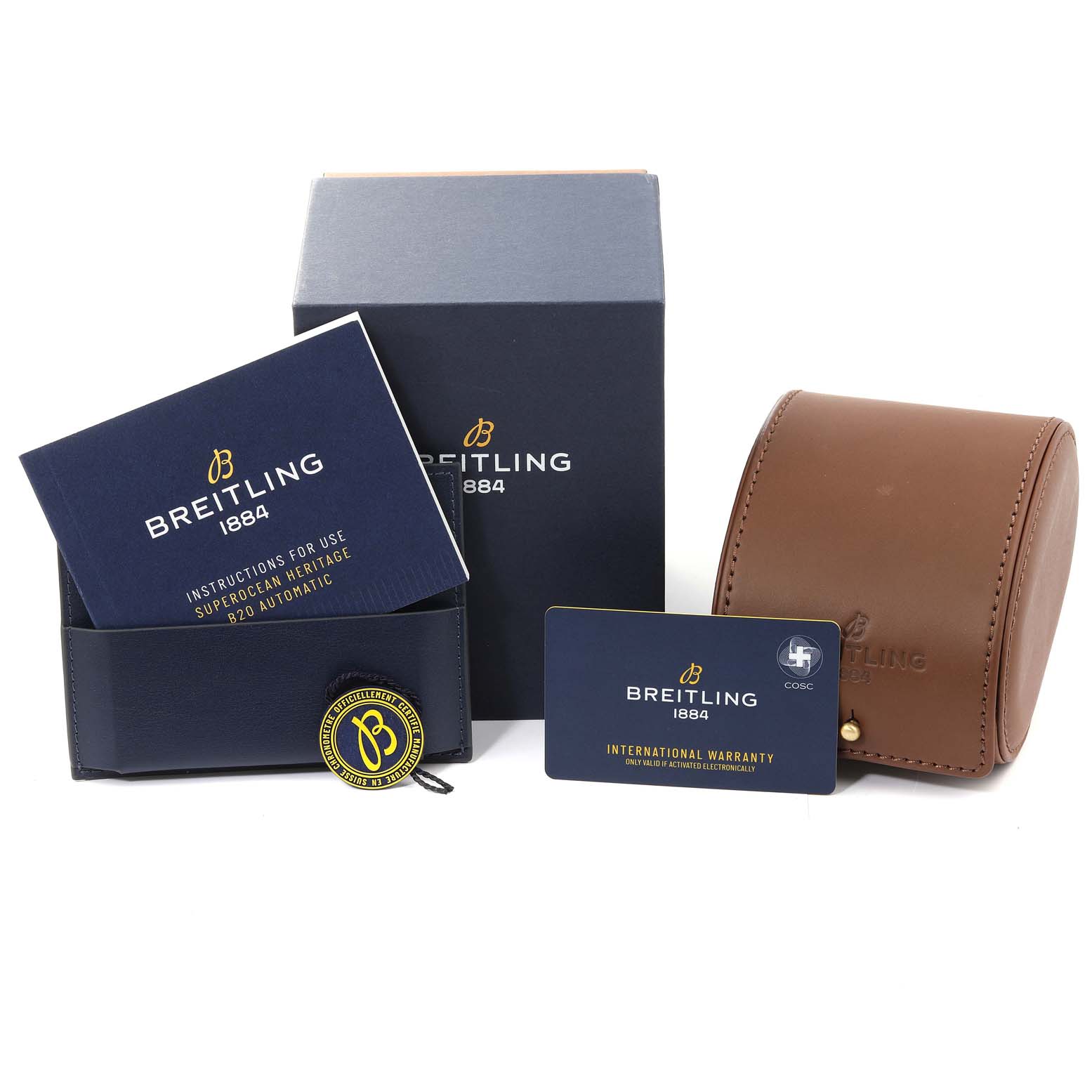 The image shows the packaging, instruction booklets, warranty card, and a leather travel case for a Breitling Superocean AB2010161C1A1 Men's Stainless Steel Black Dial AB2010161C1A1 Men's Stainless Steel Black Dial watch.