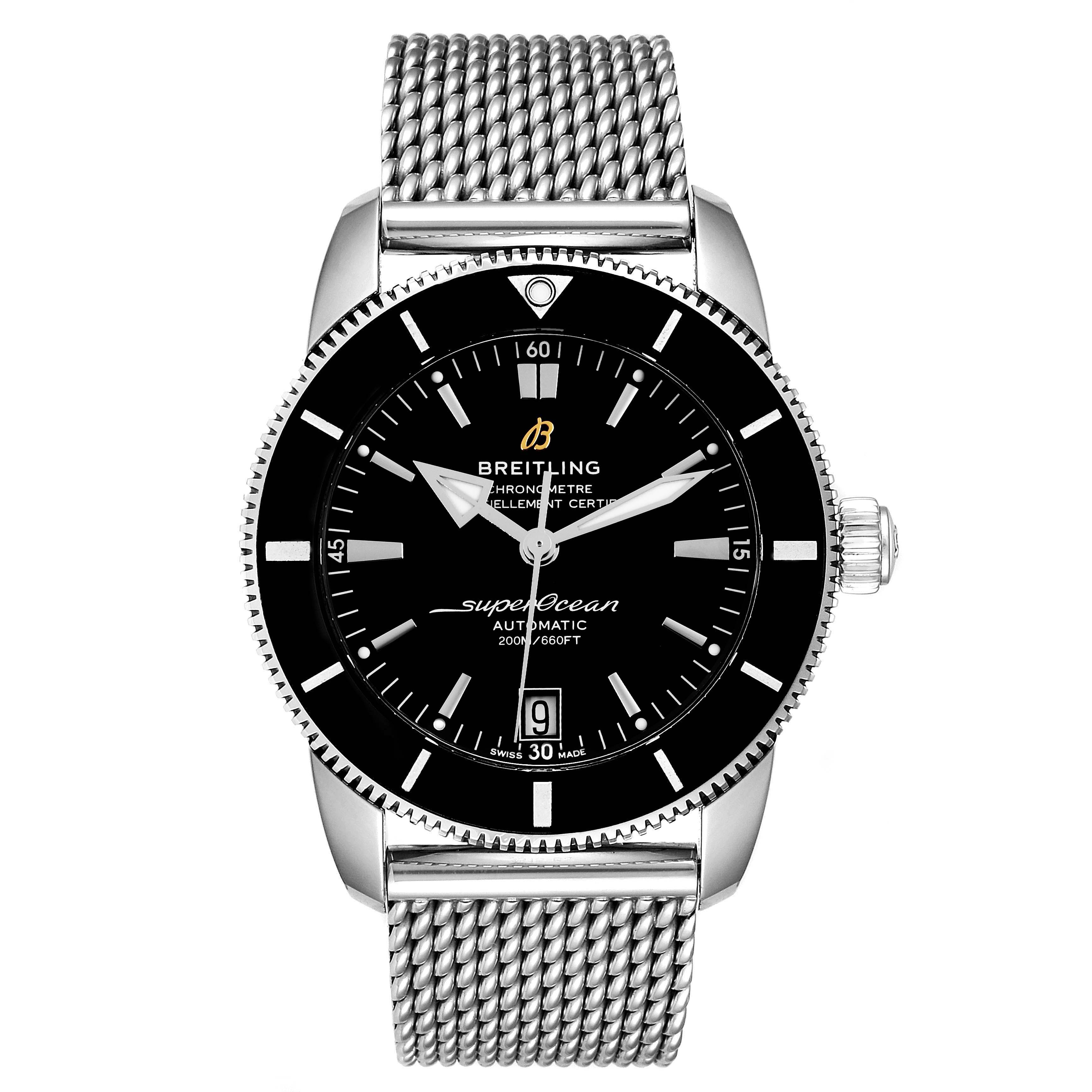 The image shows a front view of the Breitling Superocean AB2010161C1A1 Men's Stainless Steel Black Dial AB2010161C1A1 Men's Stainless Steel Black Dial model, displaying the dial, bezel, crown, and stainless steel mesh bracelet.