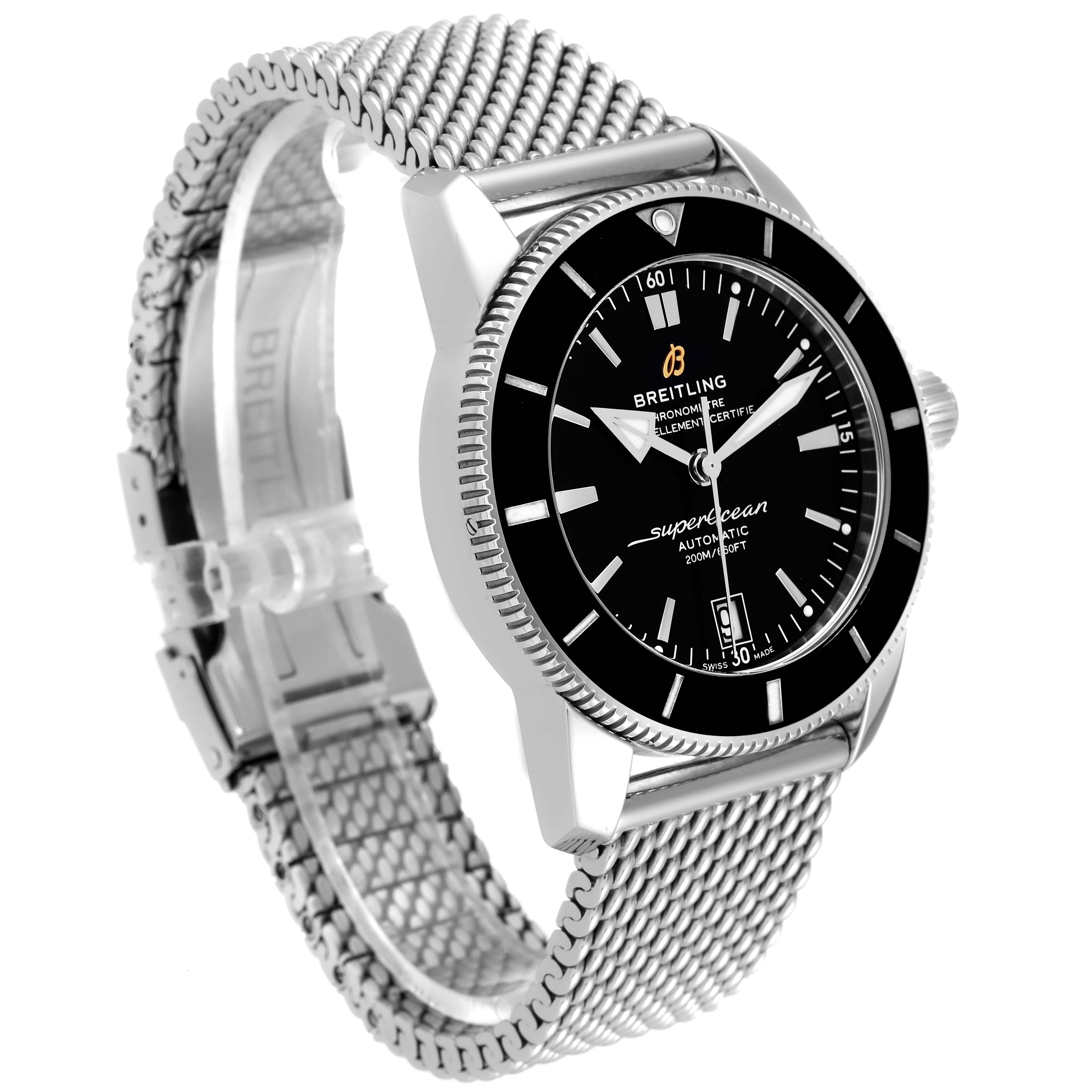 The image shows a side angle of the Breitling Superocean AB2010161C1A1 Men's Stainless Steel Black Dial AB2010161C1A1 Men's Stainless Steel Black Dial watch, highlighting its face, bezel, and mesh strap.