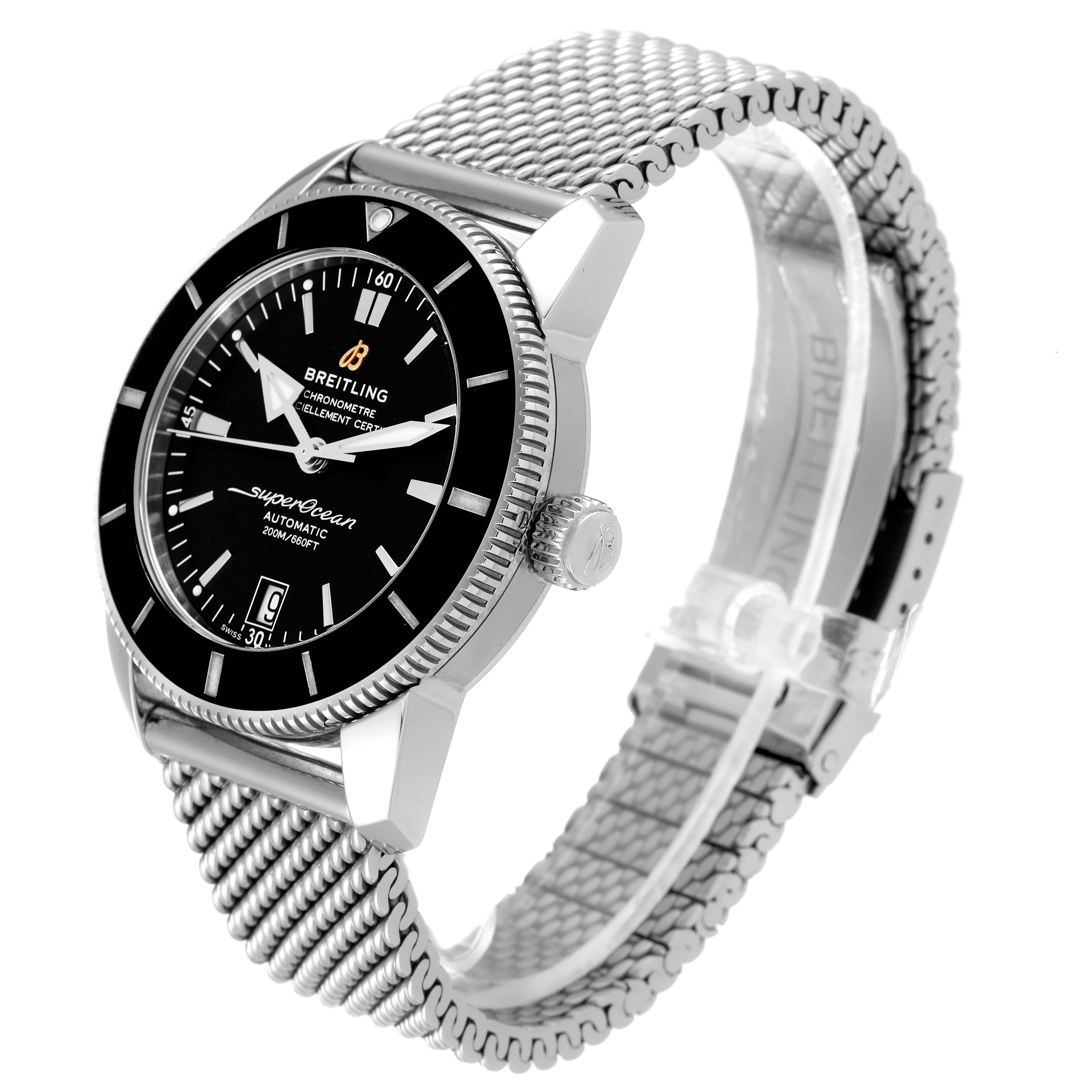 The image shows a side angle of the Breitling Superocean AB2010161C1A1 Men's Stainless Steel Black Dial AB2010161C1A1 Men's Stainless Steel Black Dial watch, showcasing its dial, bezel, crown, and mesh strap.