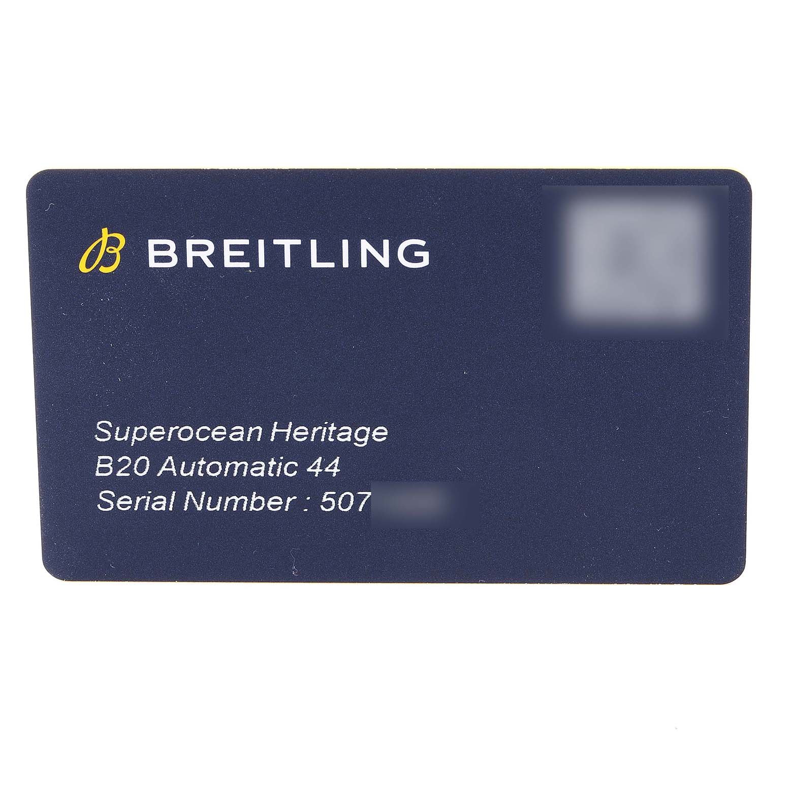 This image shows a warranty card for the Breitling Superocean UB2030121B1A1 Men's Steel and Gold (two tone) Black Dial UB2030121B1A1 Men's Steel and Gold (two tone) Black Dial Heritage B20 Automatic 44 watch.
