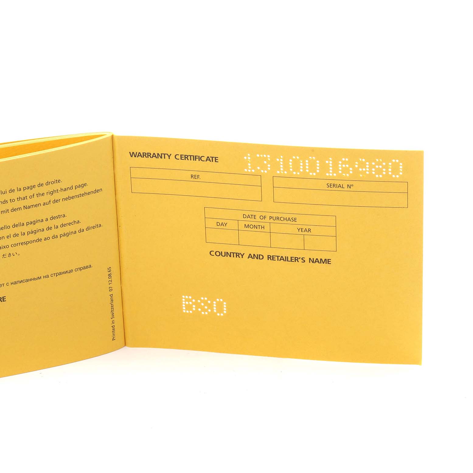 The image shows an open warranty certificate booklet for a Breitling Transocean AB0510U9/C879 Men's Stainless Steel Blue Dial AB0510U9/C879 Men's Stainless Steel Blue Dial watch, with fields for purchase details.