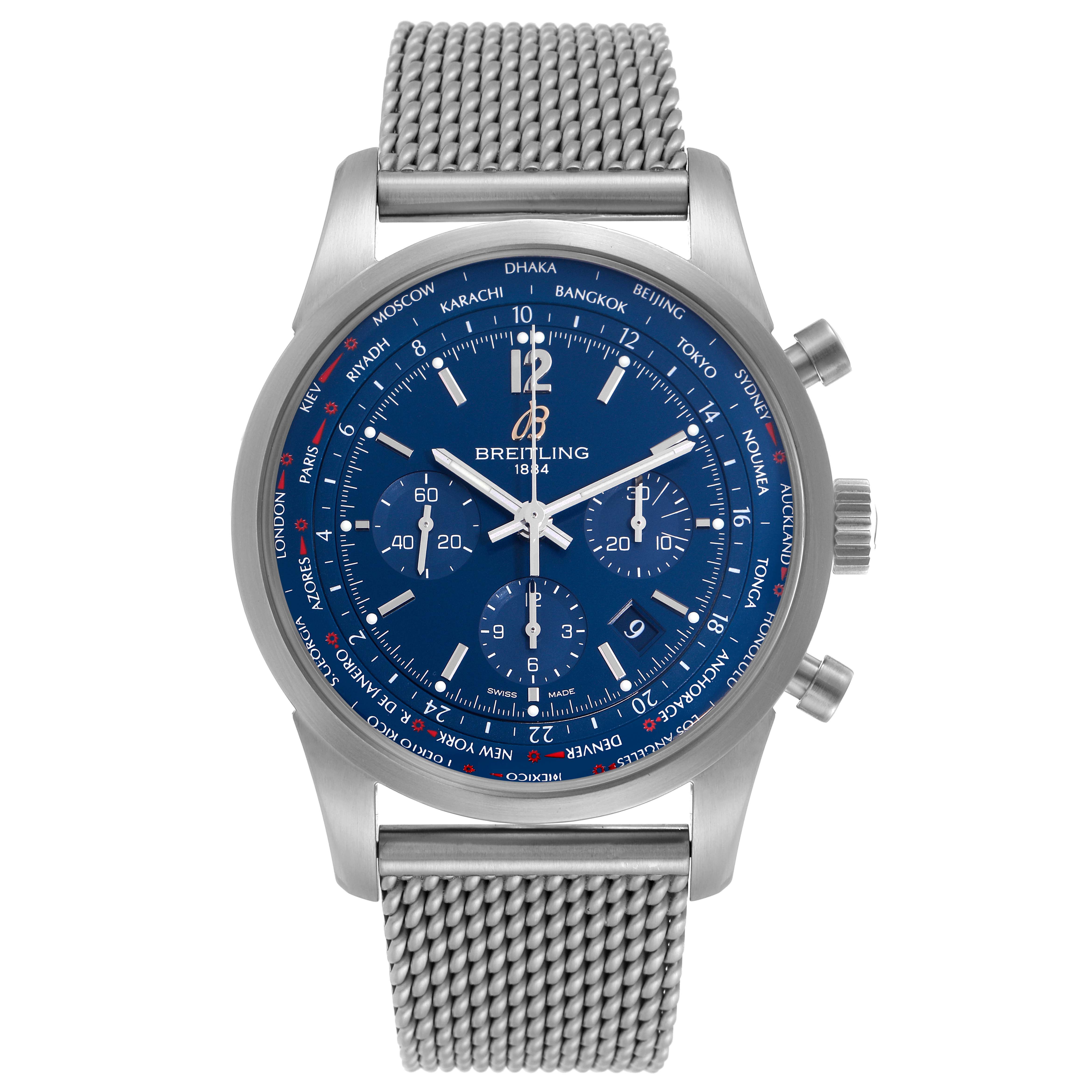 The Breitling Transocean AB0510U9/C879 Men's Stainless Steel Blue Dial AB0510U9/C879 Men's Stainless Steel Blue Dial watch is shown from the front, displaying the face, mesh bracelet, and pushers.