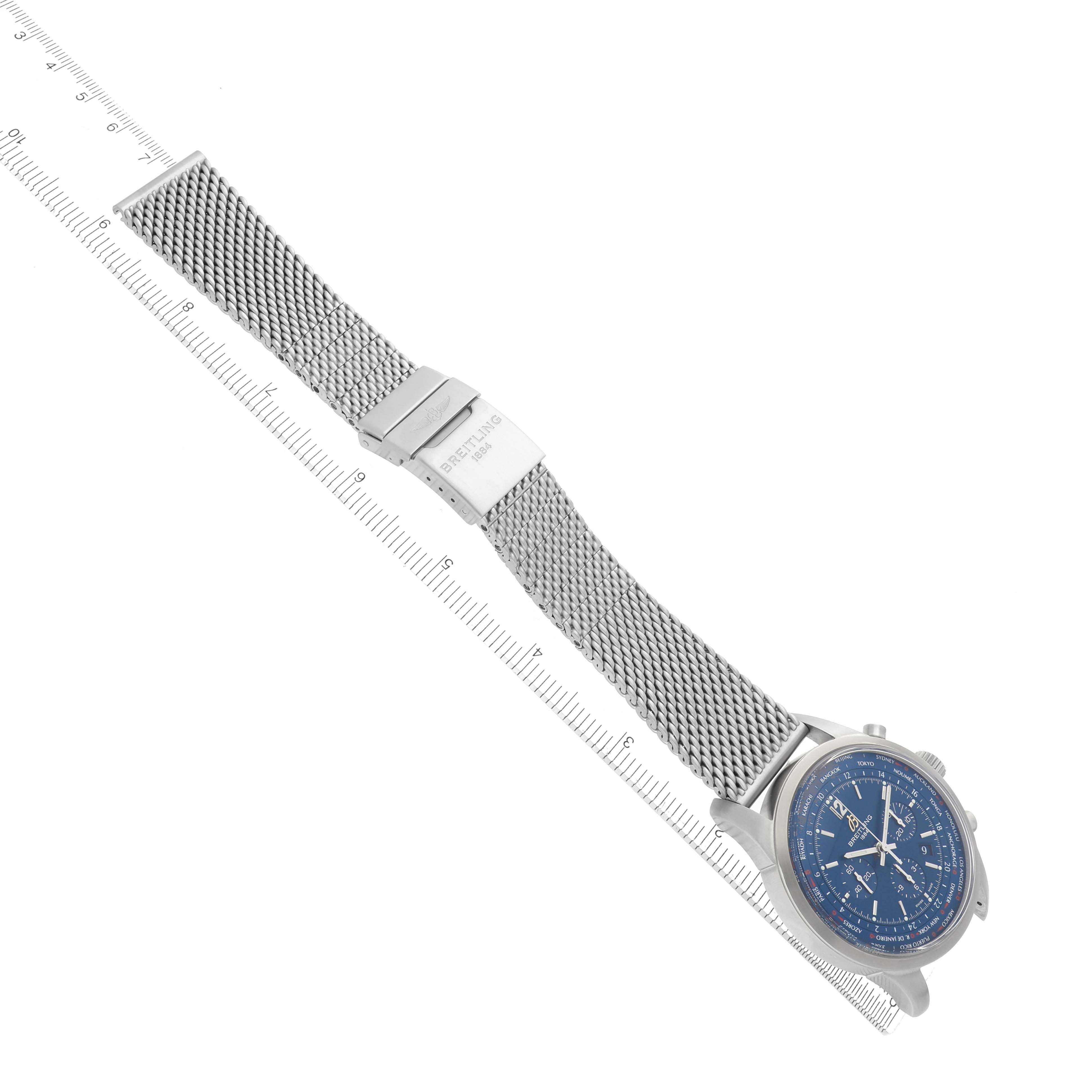 The Breitling Transocean AB0510U9/C879 Men's Stainless Steel Blue Dial AB0510U9/C879 Men's Stainless Steel Blue Dial watch is displayed diagonally, showing the mesh bracelet, clasp, and face from a top-down angle.