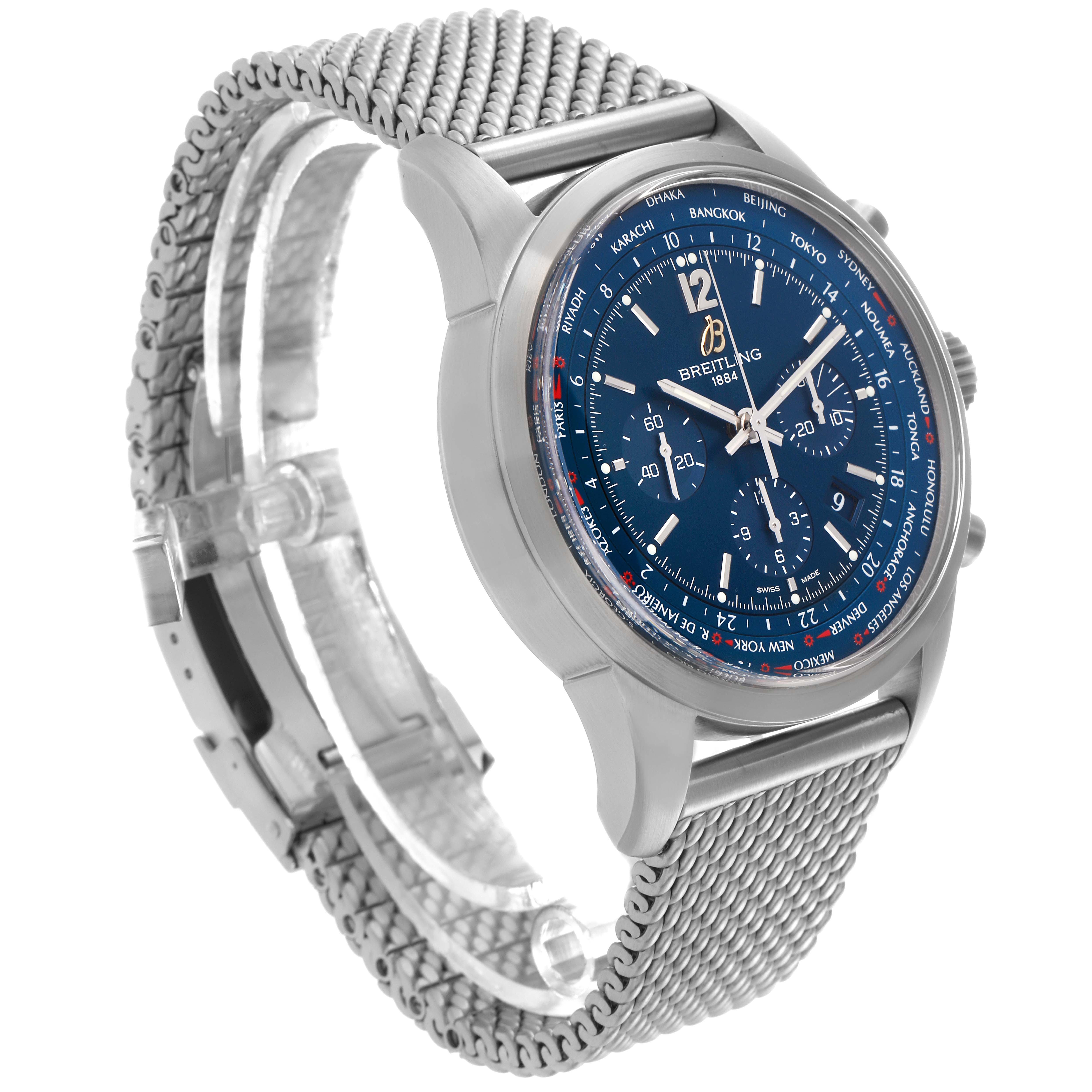 The Breitling Transocean AB0510U9/C879 Men's Stainless Steel Blue Dial AB0510U9/C879 Men's Stainless Steel Blue Dial watch is shown at a slight angle, displaying its dial, bezel, crown, and mesh bracelet.