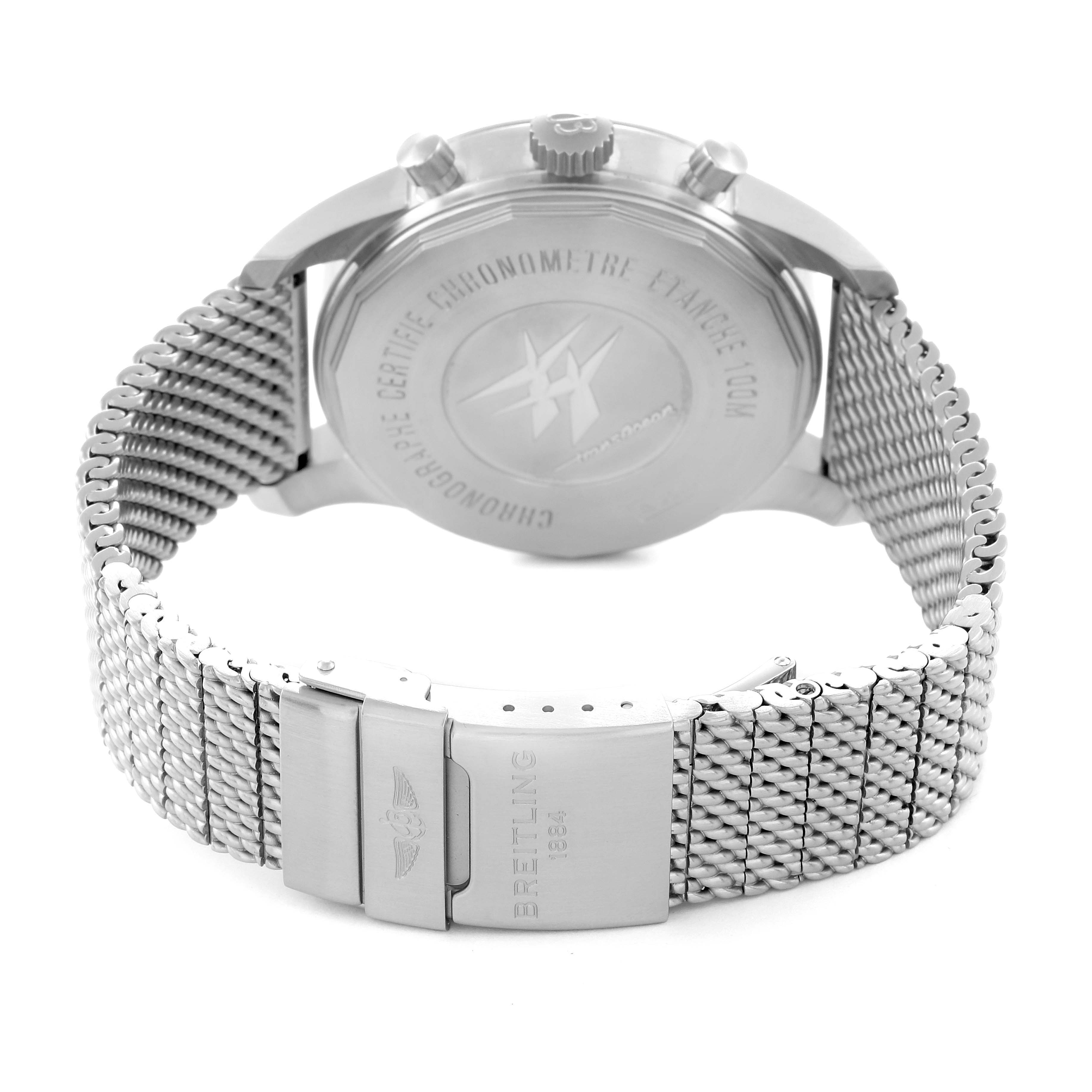 The Breitling Transocean AB0510U9/C879 Men's Stainless Steel Blue Dial AB0510U9/C879 Men's Stainless Steel Blue Dial watch is shown from the back, highlighting the case, mesh bracelet, and clasp with brand engraving.