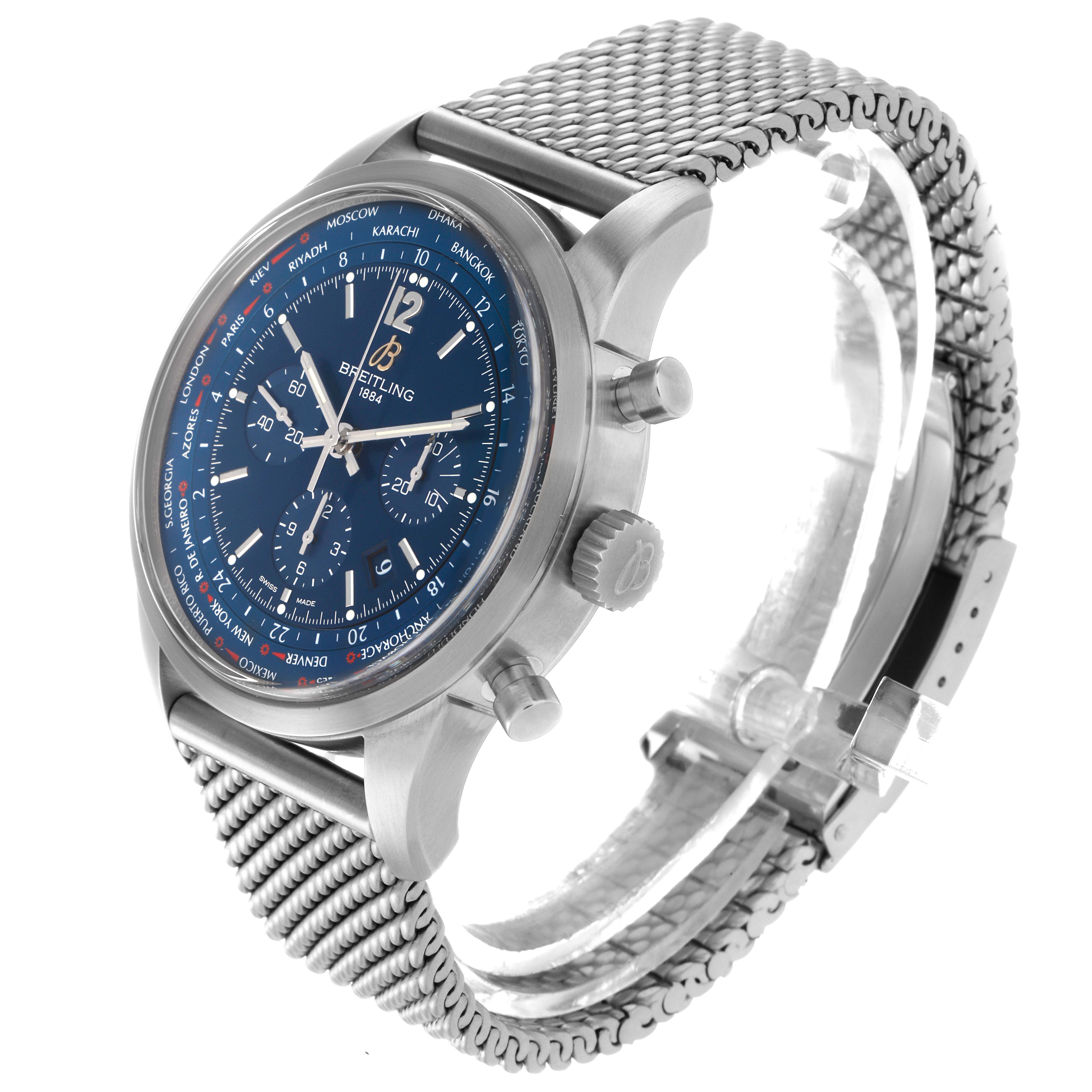 The Breitling Transocean AB0510U9/C879 Men's Stainless Steel Blue Dial AB0510U9/C879 Men's Stainless Steel Blue Dial watch is shown at a three-quarter angle, highlighting its mesh strap, dial, and side pushers.