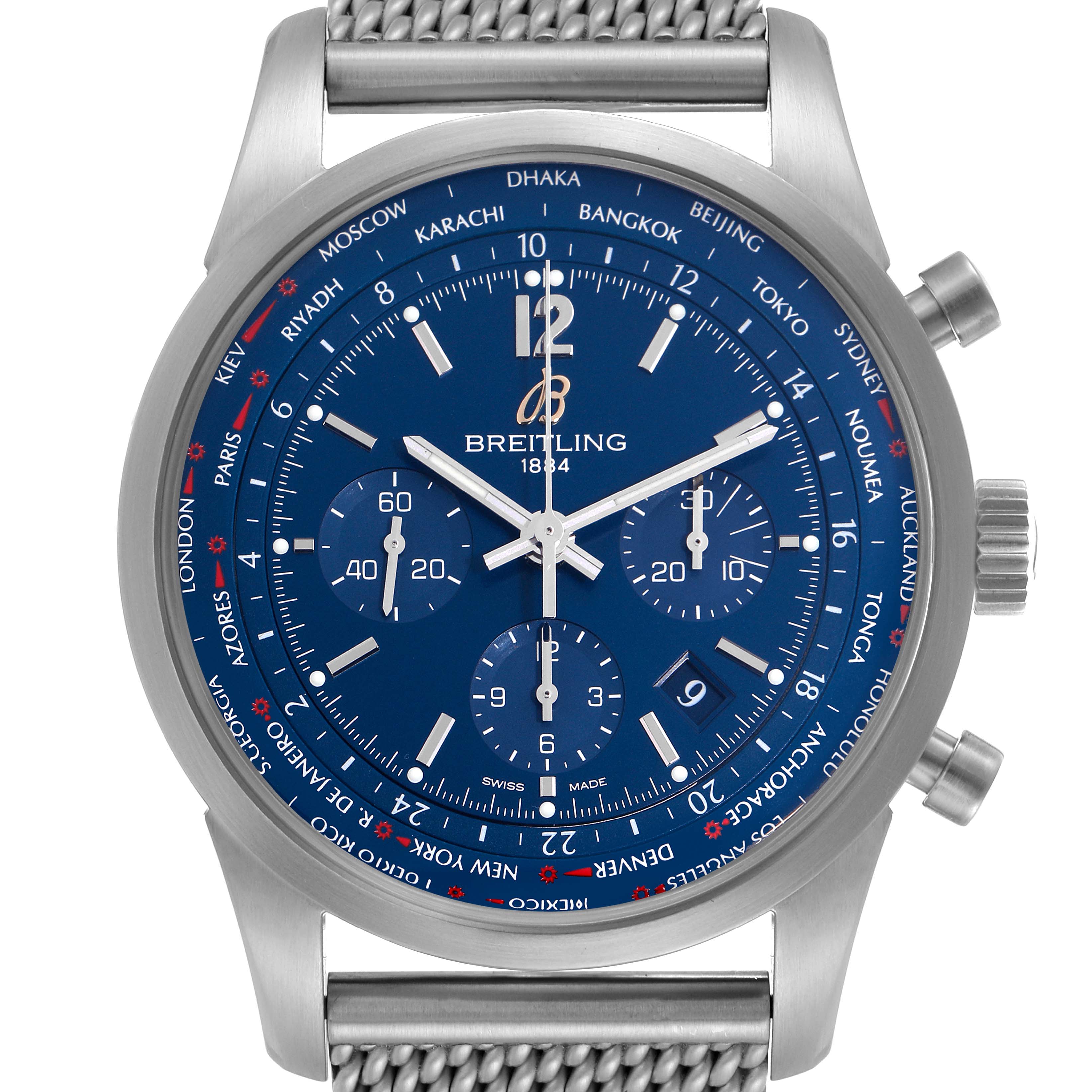 The Breitling Transocean AB0510U9/C879 Men's Stainless Steel Blue Dial AB0510U9/C879 Men's Stainless Steel Blue Dial watch is shown from the front, displaying its blue dial and stainless steel bracelet.