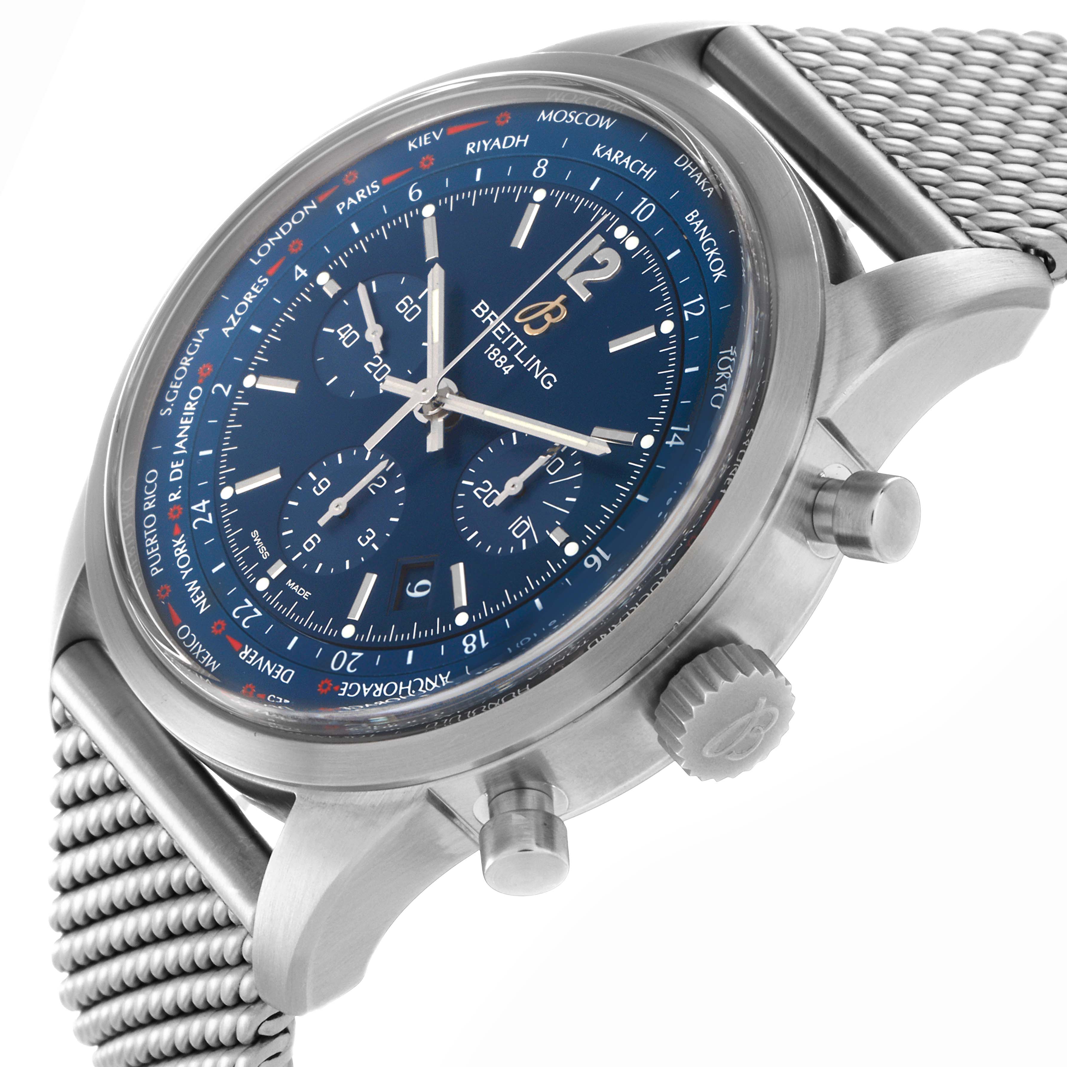 The image shows the Breitling Transocean AB0510U9/C879 Men's Stainless Steel Blue Dial AB0510U9/C879 Men's Stainless Steel Blue Dial watch at an angle displaying the dial, side profile, crown, pushers, and mesh bracelet.